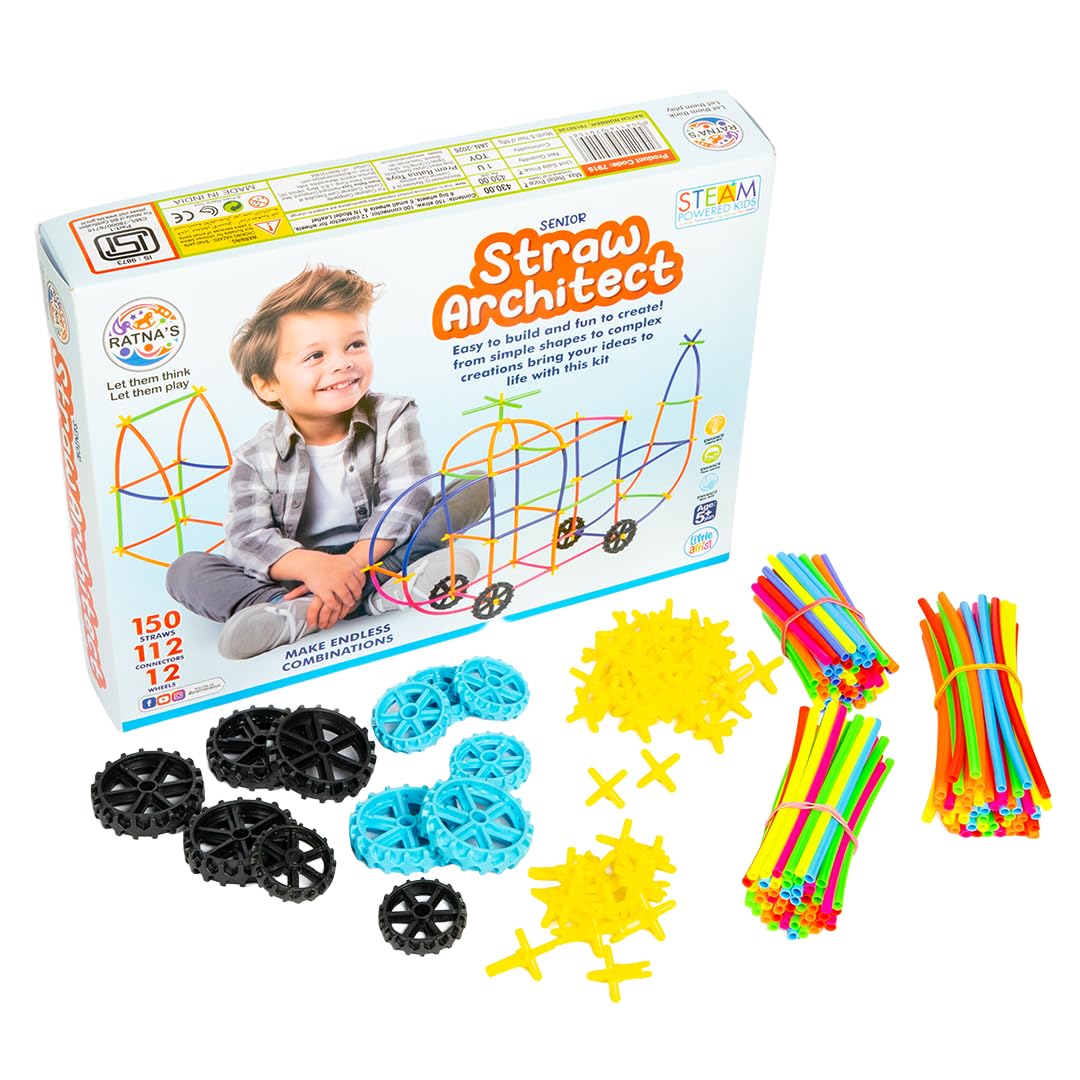 RATNA'S Straw Architect Senior STEAM Building Kit, 150 Straws 112 Connectors 12 Wheels, Children's Puzzle Straw Build Blocks Construction Toy for Kids Age 5+ Years-image-37