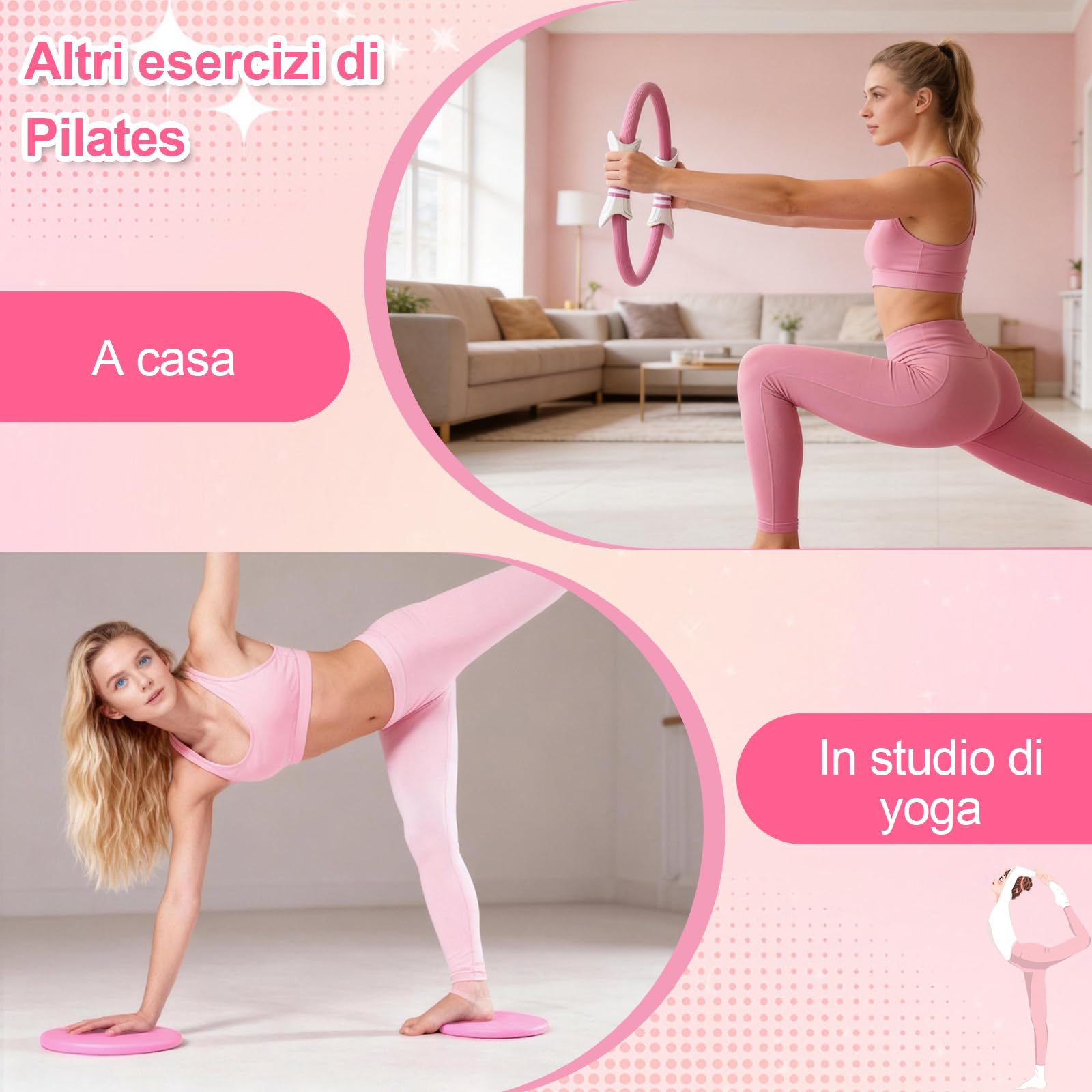 Kit Pilates Rosa 14 Pezzi – Set per Casa con Anello, Palla, Calzini Antiscivolo, Pesi da Polso, Fasce Elastiche – Attrezzatura per Allenamento di Forza – Completo Pilates Donna