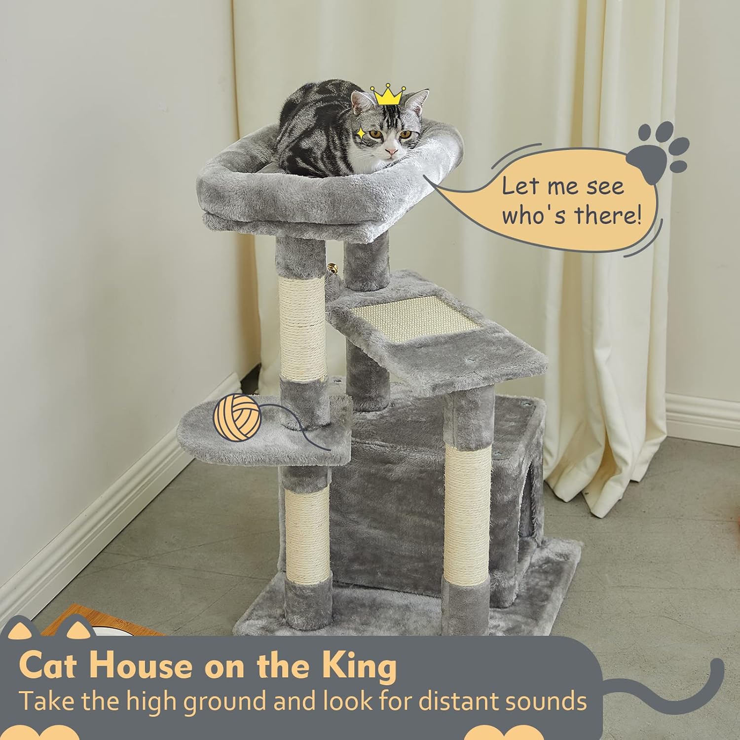 SUPERJARE Cat Tree with Extra Scratching Board & Posts, Kitten Tower Center with Plush Perch and Dangling Ball, Pet Play Condo Furniture - Gray