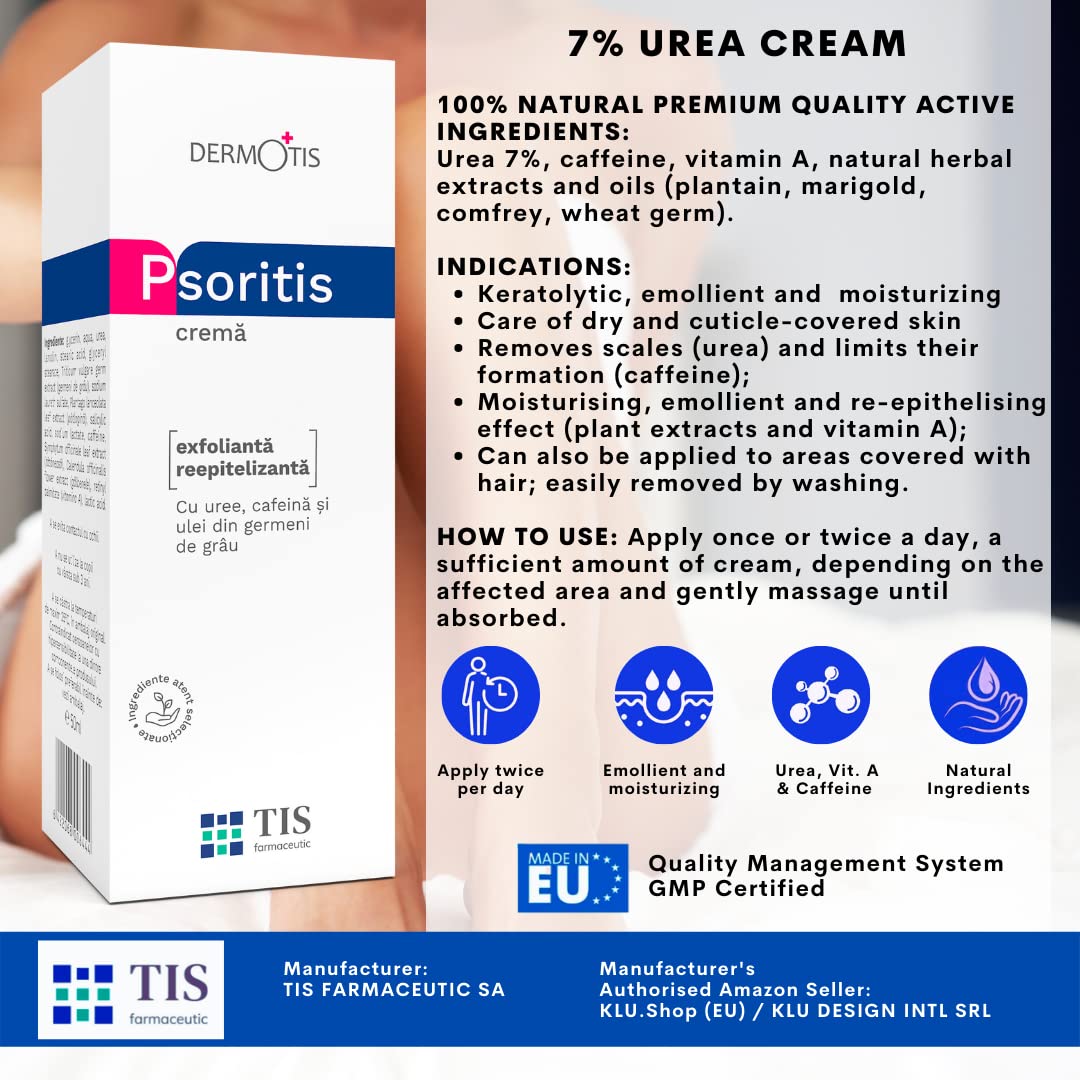 TIS Crema Urea 7%, per Eczemi, Pelle sogeto a Psoriasi, Cheratosi - Guarigione Delle Ferite - Pelle Secca, Screpolata e Ruvida - Mani, Piedi, Unghie, Gomiti, Ginocchia - Caffeina, Vit A