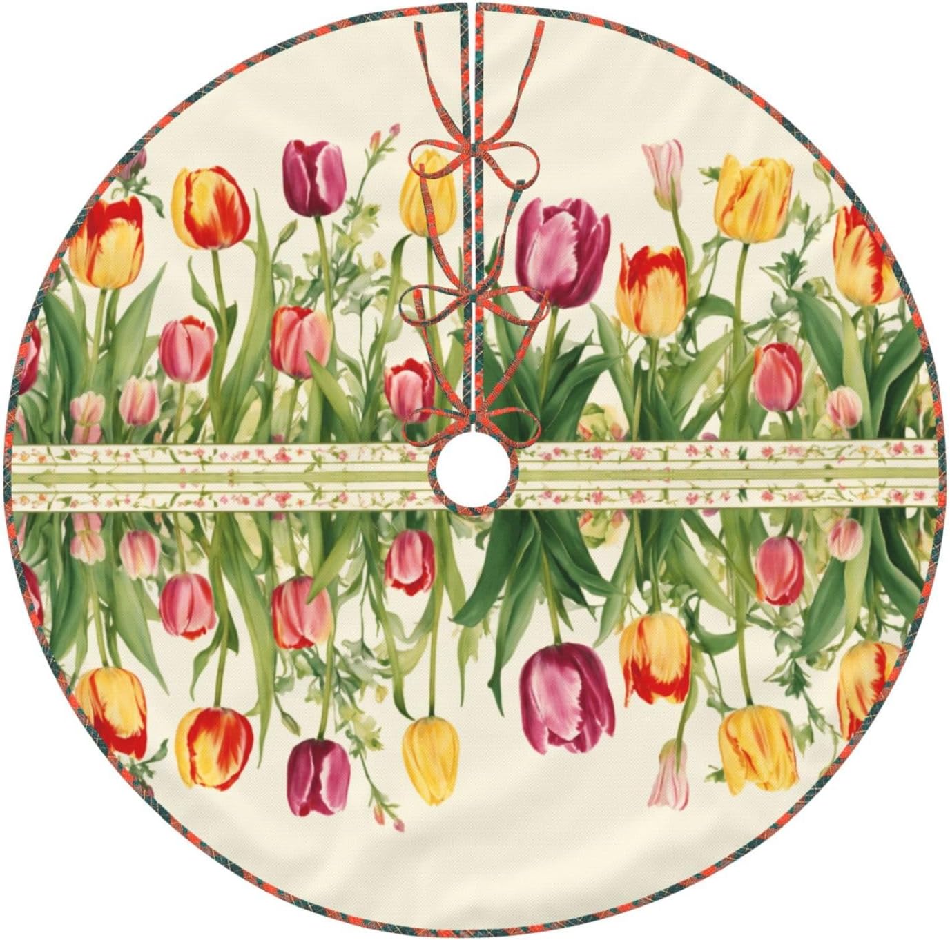 Colorful Tulips Print Christmas Tree Skirt Xmas Tree mat,Decoration for Xmas Holiday Party Supplies