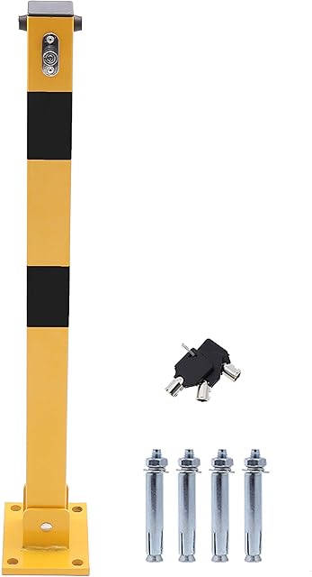 TOPWAY Car Parking Space Lock Bollard, Yellow and Balck Lockable Fold Down Car Parking Barrier Post, Private Car Park Driveway Guard Saver Blocker, Upper Lock, 70cm Height 161893