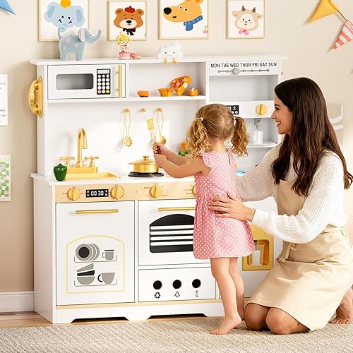Miniatura 2 de Juego de cocina de madera para niños pequeños, juego de cocina para niños con luces y sonidos realistas, cocina de juguete grande de 35.8 pulgadas