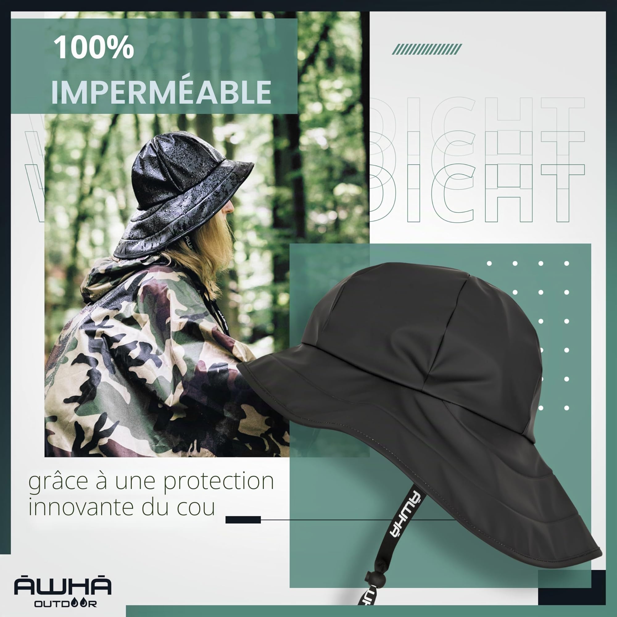 AWHA Chapeau de Pluie suroît Noir/Unisexe - Chapeau imperméable à Large Bord avec Oreillettes