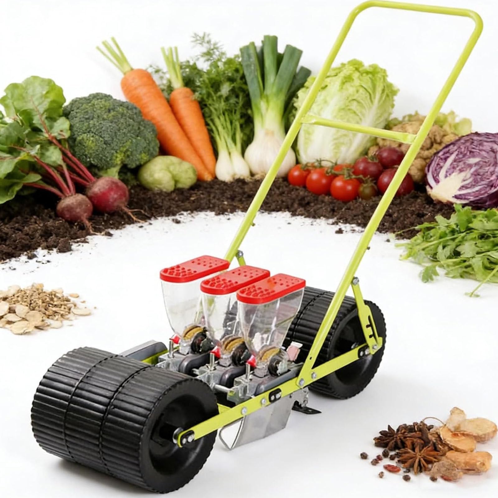 Drmoxin Hand-Pushed Vegetable Planter,Adjustable Row Spacing/Plant Spacing/Depth,Hand Push Seeder with Wheels,for Sowing Corn Leeks Spinach Radishes, Leeks 3row