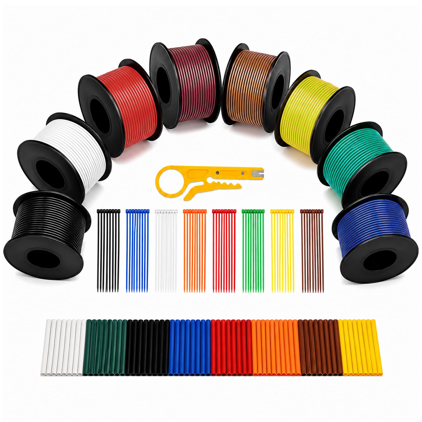 Cable Silicona 20AWG 0,5 mm², 8 Colores, 10 m por Rollo Cobre Estañado Flexible con Tubo Termorretráctil, Bridas y Pelacables para Electrónica, RC, Baterías y DIY
