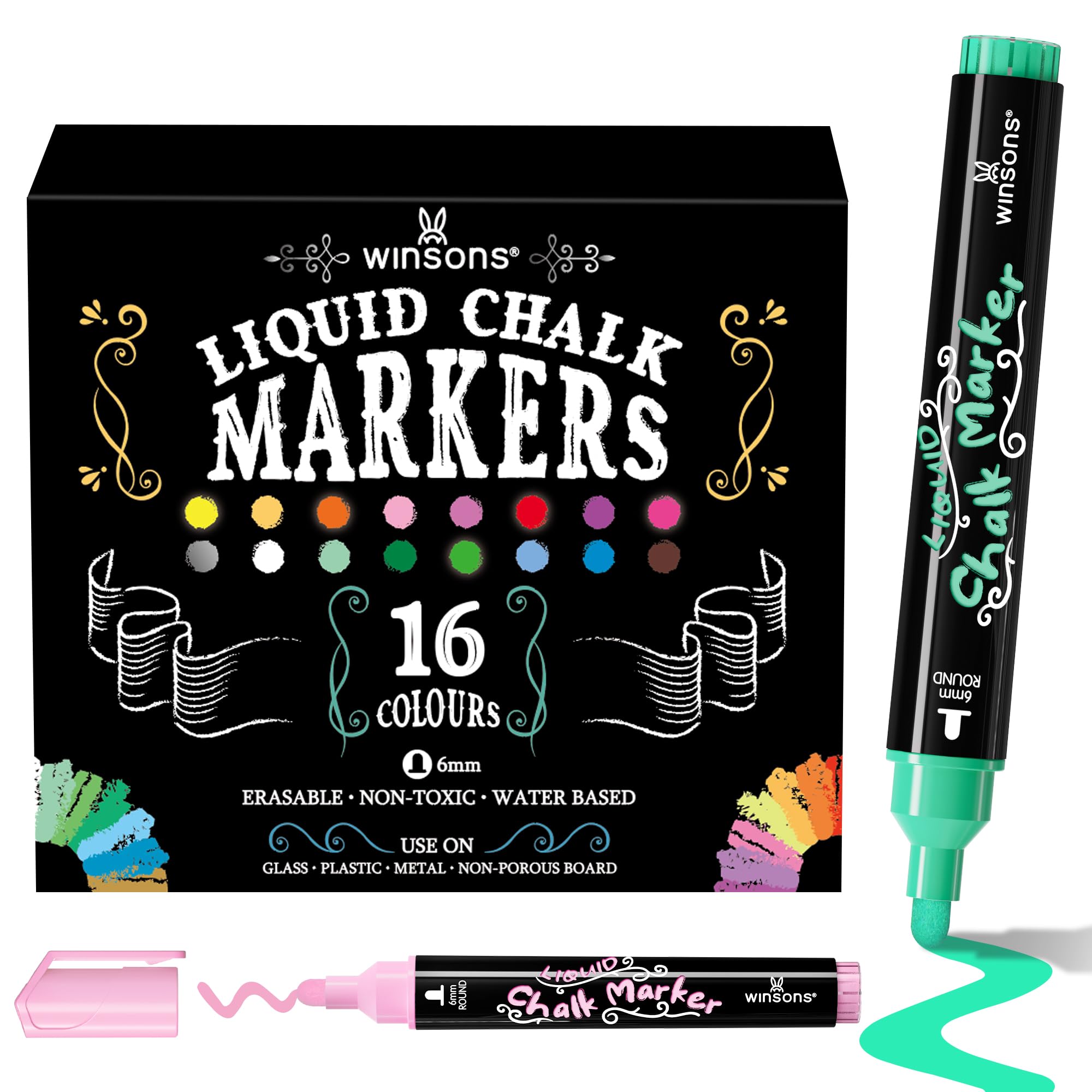 WINSONS 16 Farben Kreidestifte für Tafel Abwaschbar, Fensterstifte Abwischbar, Chalk Marker für Glas, Fenster, Tafel, Whiteboard, Wandtafel, 6mm