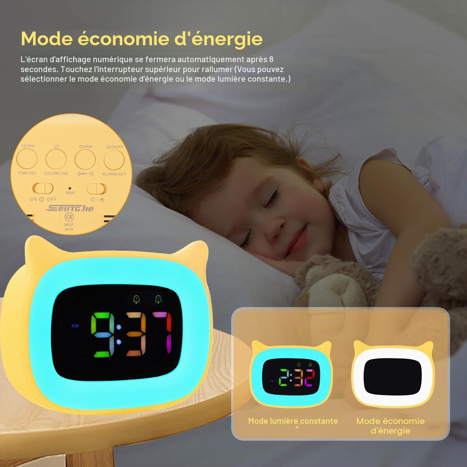 Seutgjie Réveil Enfant Lumineux pour Adolescent/Fille/Garçon, Reveil Chat à RGB 8 Couleurs & 18 Sonneries & 2 Alarmes, Réveil Enfant Éducatif 12/24 Heures avec Mode de Répétition