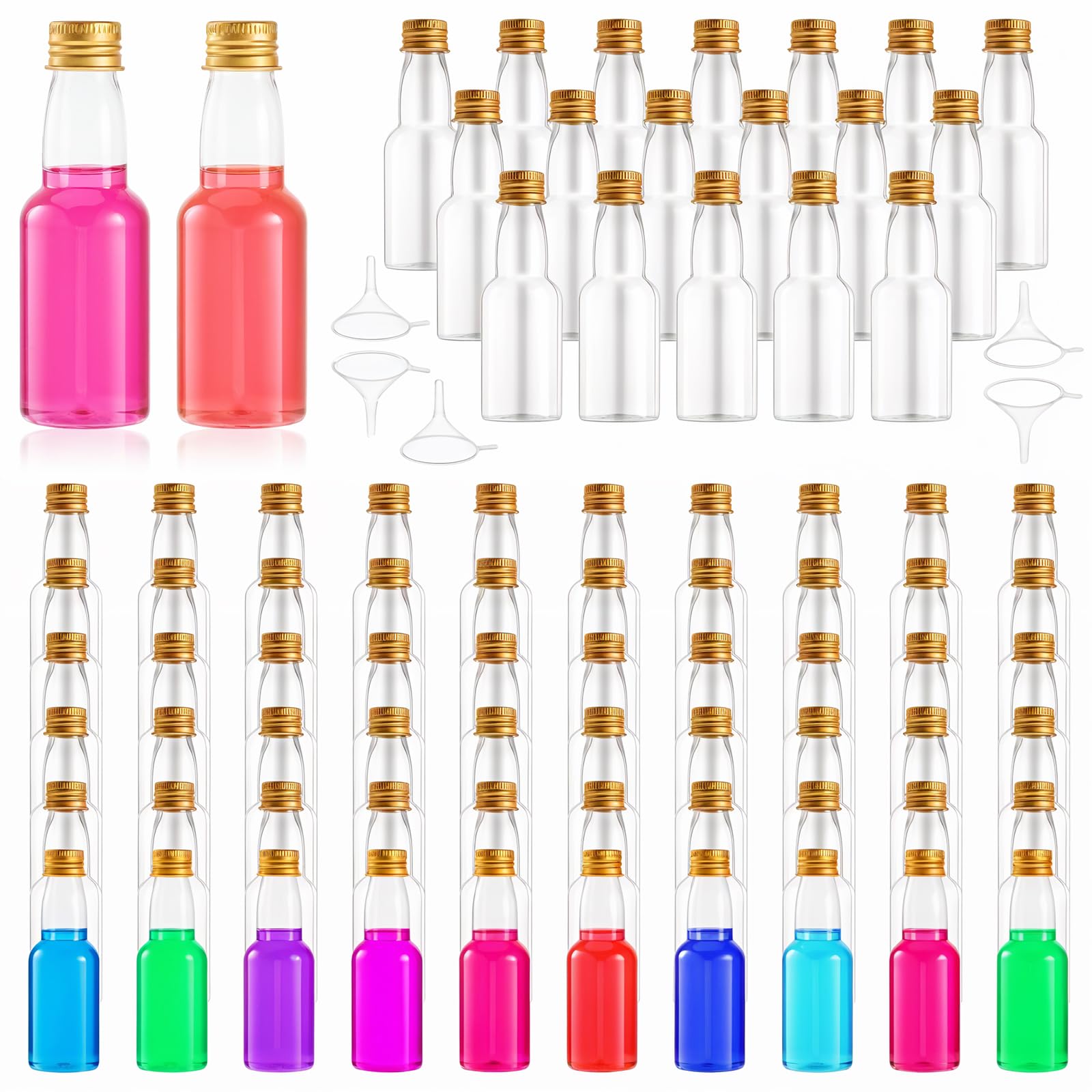 80 Pcs Mini Liquor Bottles, Plastic Spirit Bottle, 2 oz Mini Empty Plastic Alcohol Shot with 5 Funnels, and Miniature Airtight Bottles for Party Favors, Weddings (Gold)
