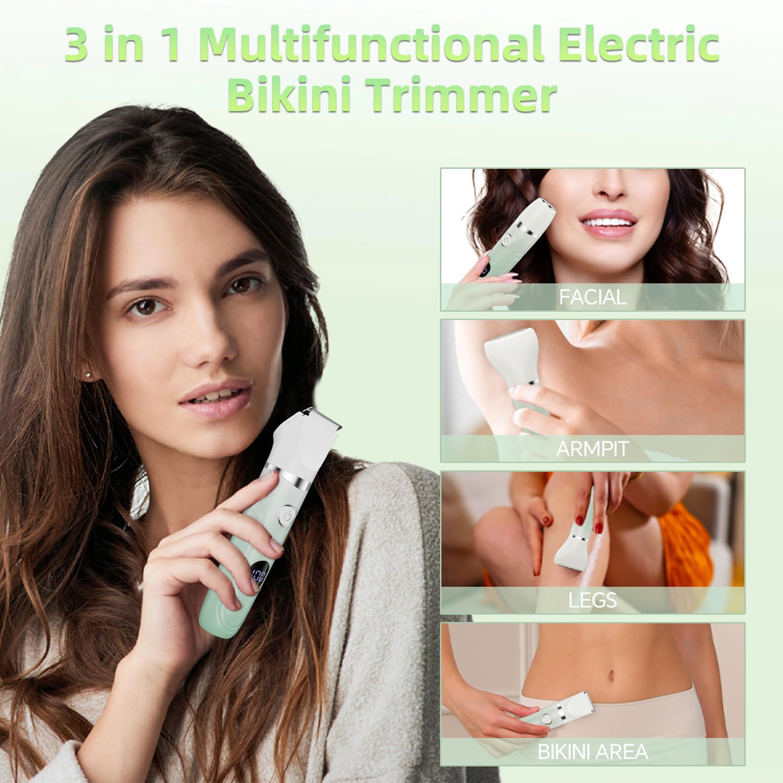 Recortadora de bikini para mujer, maquinilla de afeitar eléctrica 3 en 1 sin dolor para piel de seda, afeitadora de pelo corporal húmedo/seco para cara, nariz, cejas, brazos, axilas, piernas, zona