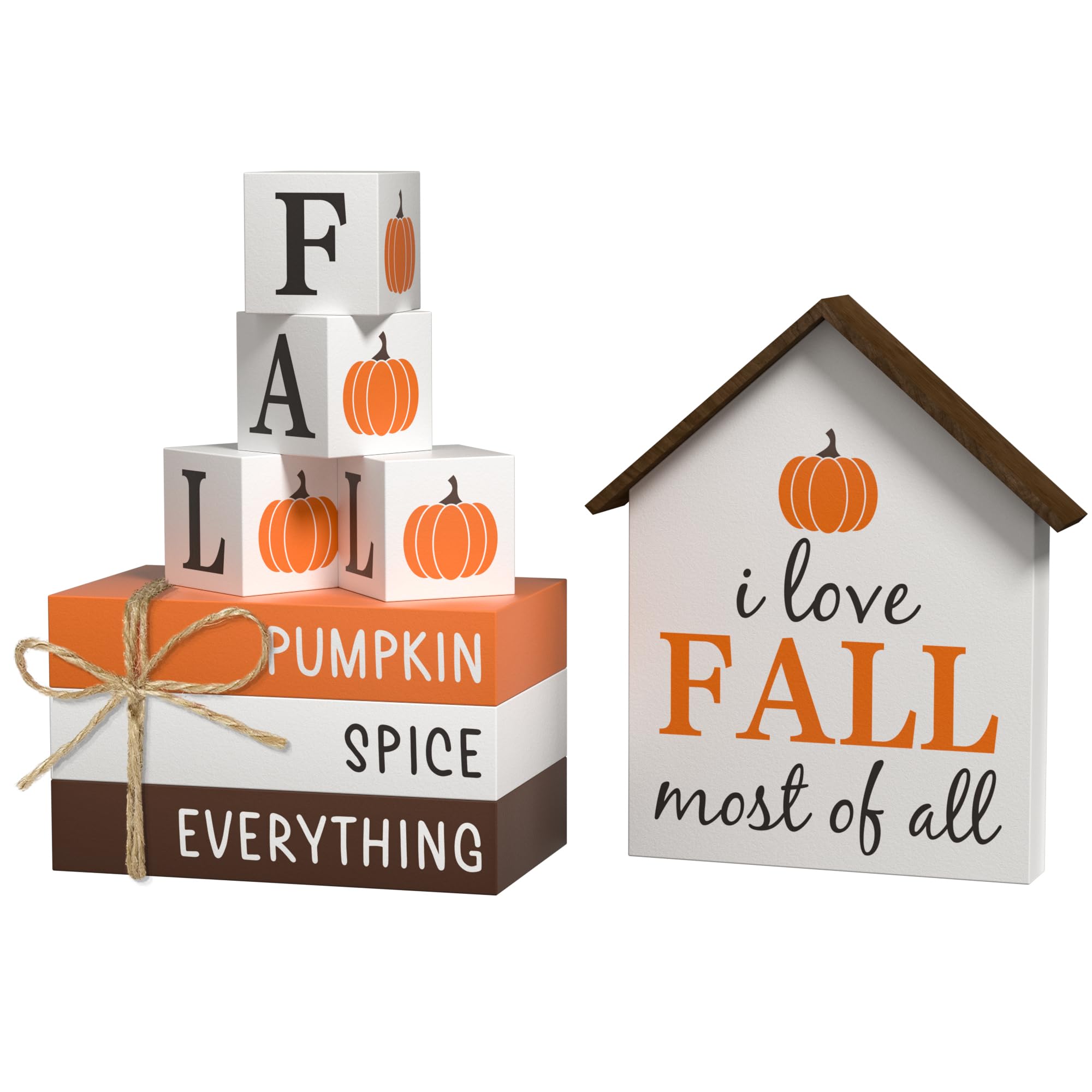 Fall Decorations Pumpkin Faux Books, 8 Pcs Fall Tiered Tray Decor Book Stack Wooden Signs, Farmhouse Rustic Wooden Decor for Home Kitchen Office Table