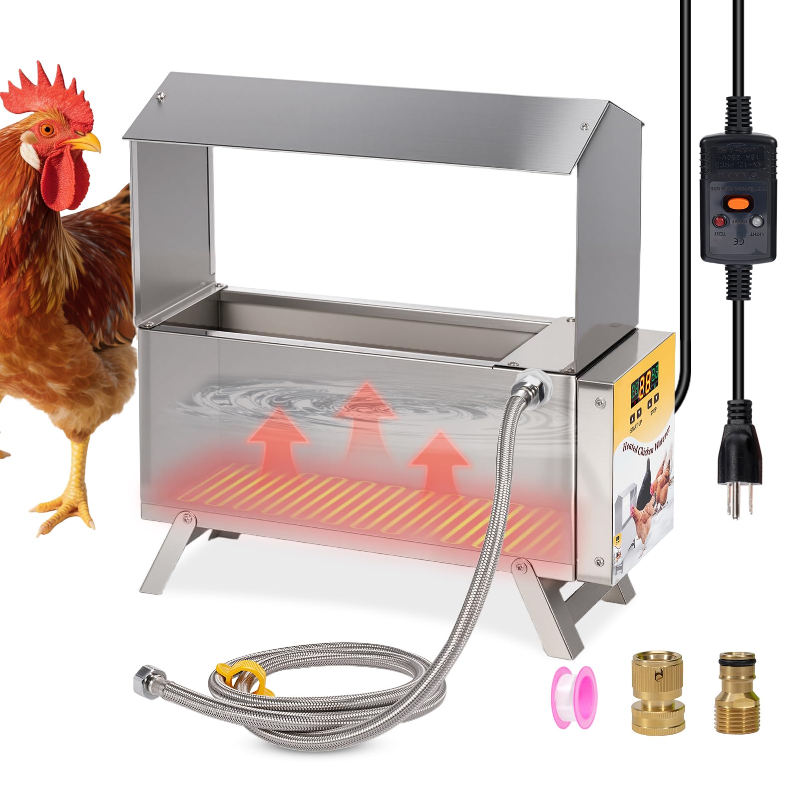 Scaldabagno per pollo per l'inverno, 5 l, riscaldato automatico con gamba regolabile e controllo termostato, scaldabagno antigelo per pollame, accessori per pollame