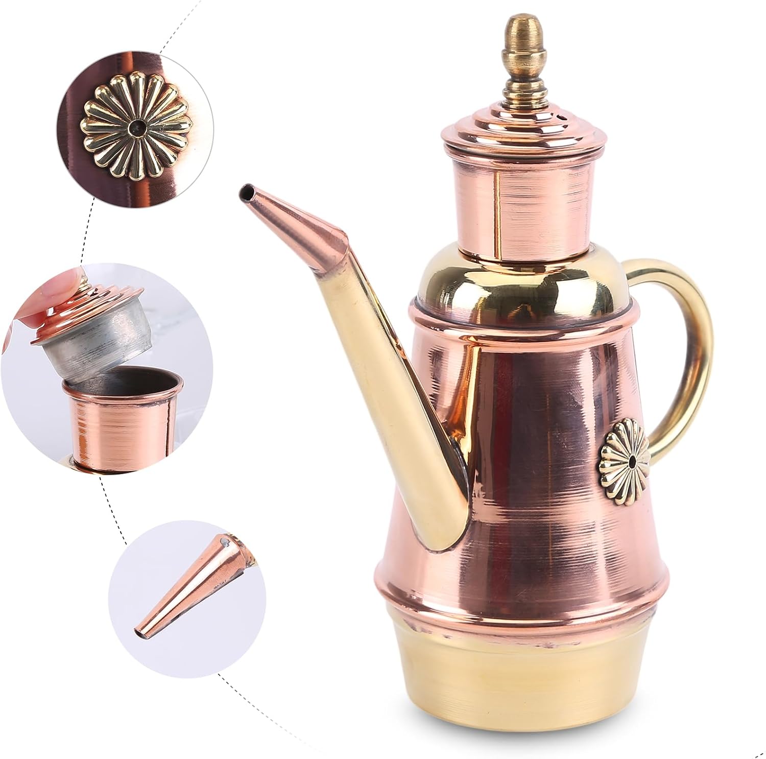 Pizza Oil Pot with Lid Thin Spout Oil Pot Portable Oil Container Olive Oil Dispenser Retro Classic European Handmade Copper Oil Pot for Kitchen Restaurant Pizza Shop