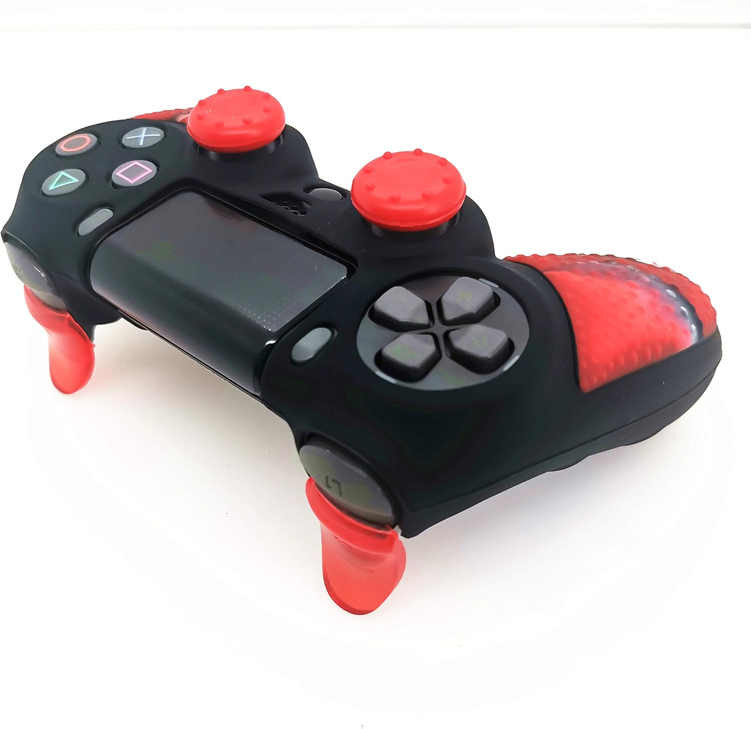 Silicone Skin Cover for Ps4 Slim/Pro DualShock Controller(1pc Anti-Slip Case, 1 Pair L2 R2 Trigger Extender, 4pcs Thumb Grips,4pcs LED Light Bar Protector Decal)(Double Red granular)