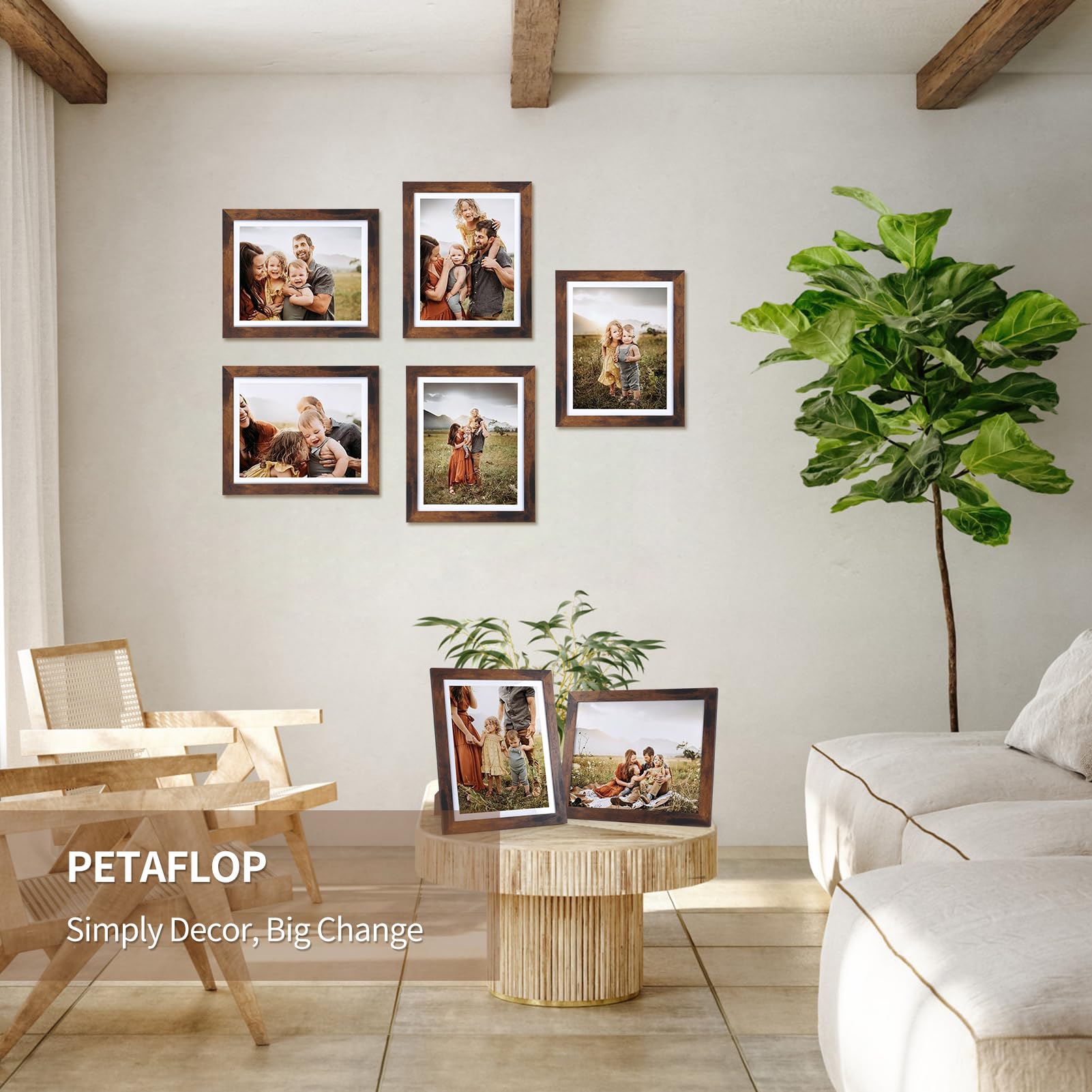 PETAFLOP 8.5 x 11 Frame with Mat Set of 7, Made to Display Photo 8.5x11 with Mat or 9.5x12 without Mat for Wall and Tabletop Decoration, Brown