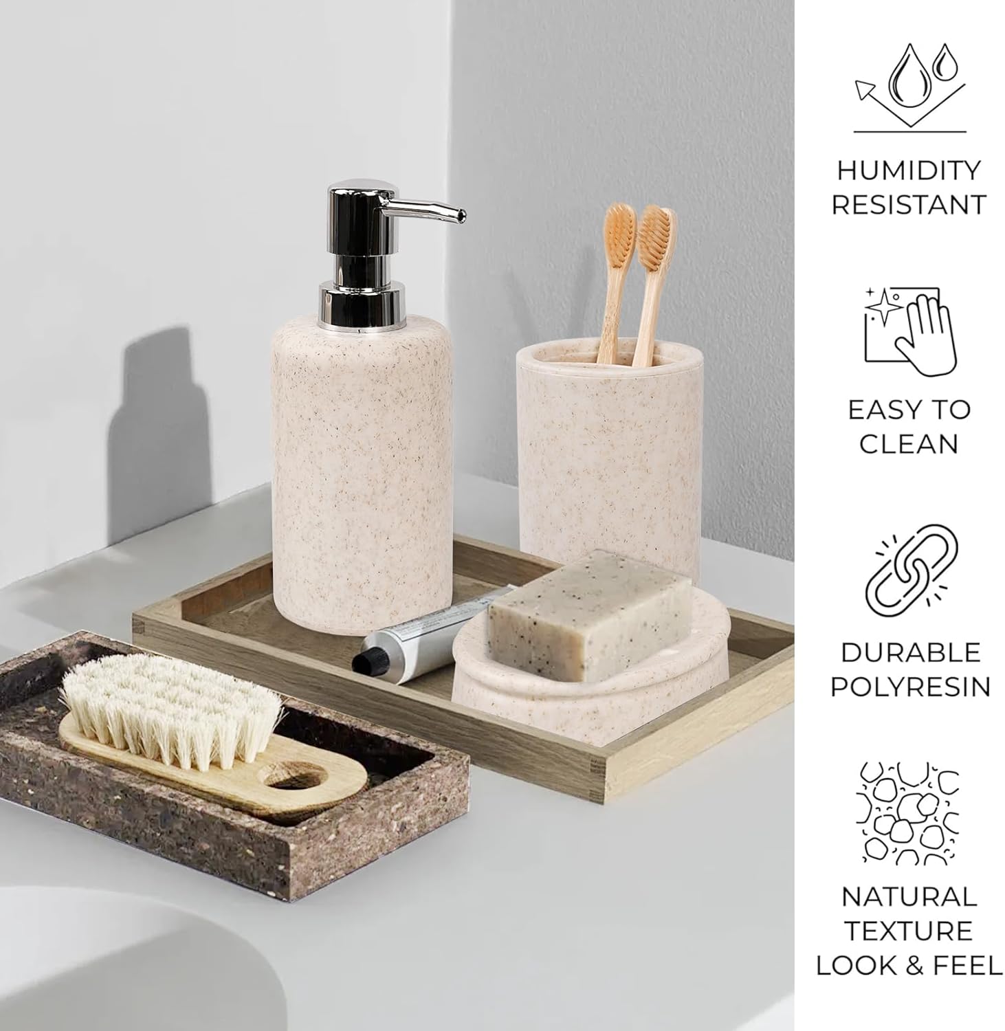 CERBIOR Bathroom Accessories Set 6 Piece Wheat Straw Bath Ensemble Includes Soap Dispenser, Toothbrush Holder, Toothbrush Cup, Soap Dish for Decorative Countertop and Housewarming Gift (Beige)