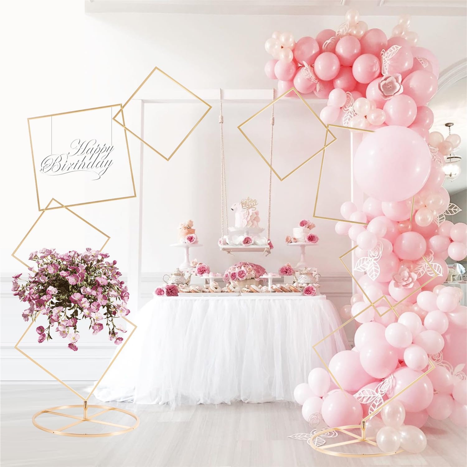 square wedding arch backdrop stand set of 2, gold metal flower display stands, 4-tier party balloon arch stands, floral backdrop frame display racks for birthday party christmas wedding home decor