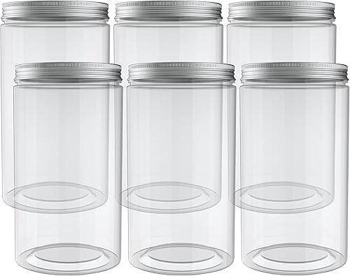 Miniatura 2 de Tarros de plástico vacíos transparentes de 43 onzas (43.3 fl oz, 6 unidades) con tapas de rosca plateadas y etiquetas, tarro redondo de plástico de