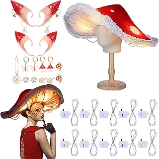 Ramede 13 Pcs LED Renaissance Mushroom Accessories Set Medieval Mushroom Hat Fairy Elf Ears with Flower and Ear Clips Red Cosplay Halloween Light up Fairy Costumes Accessories for Women