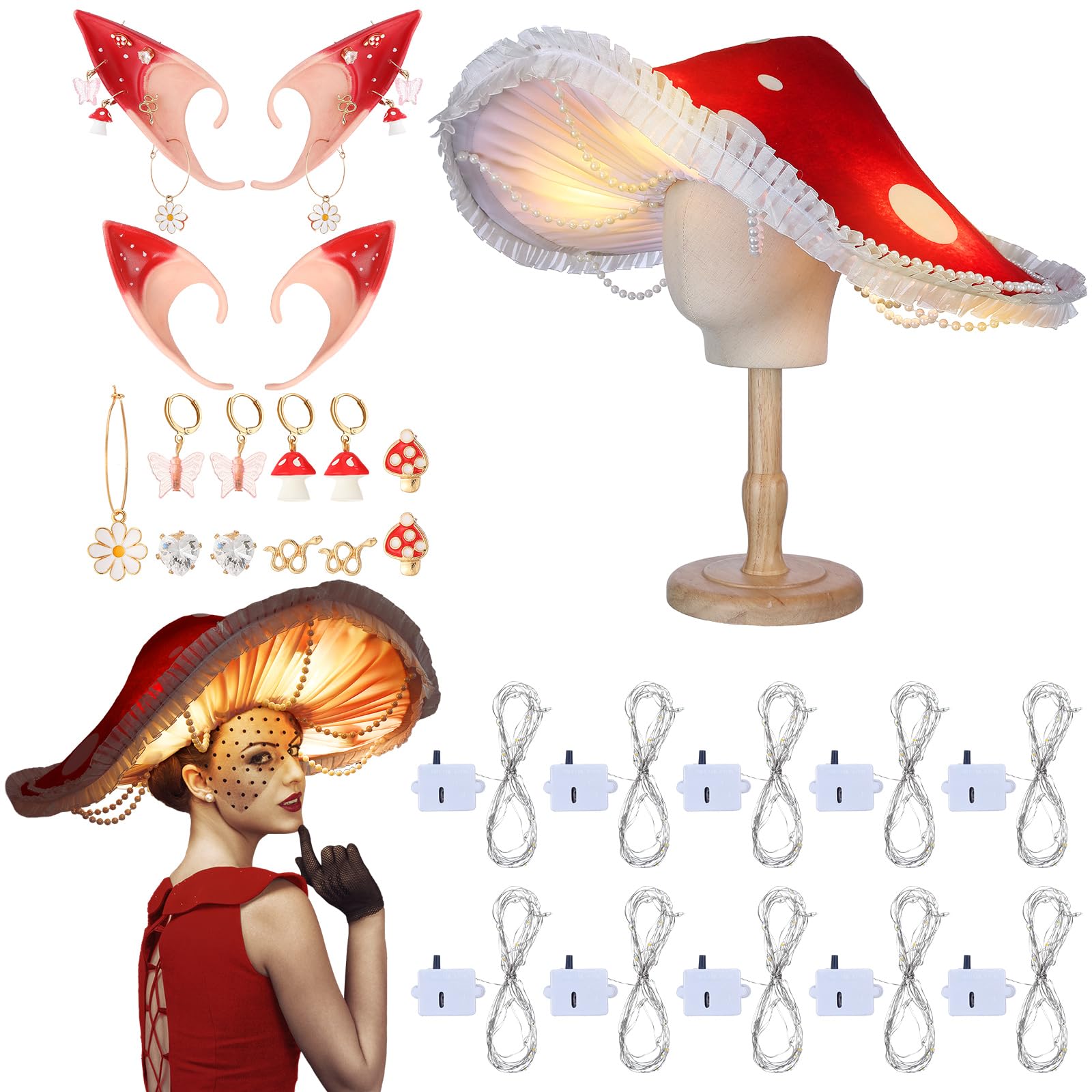 Ramede 13 Pcs LED Renaissance Mushroom Accessories Set Medieval Mushroom Hat Fairy Elf Ears with Flower and Ear Clips Red Cosplay Halloween Light up Fairy Costumes Accessories for Women