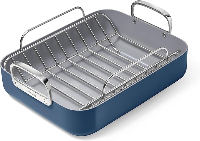 Caraway Roasting Pan - 16x13” Roasting Pan with Rack - Non-Stick Ceramic Coated - Non Toxic, PTFE & PFOA Free - Oven Safe & Compatible with All Stovetops - Gray