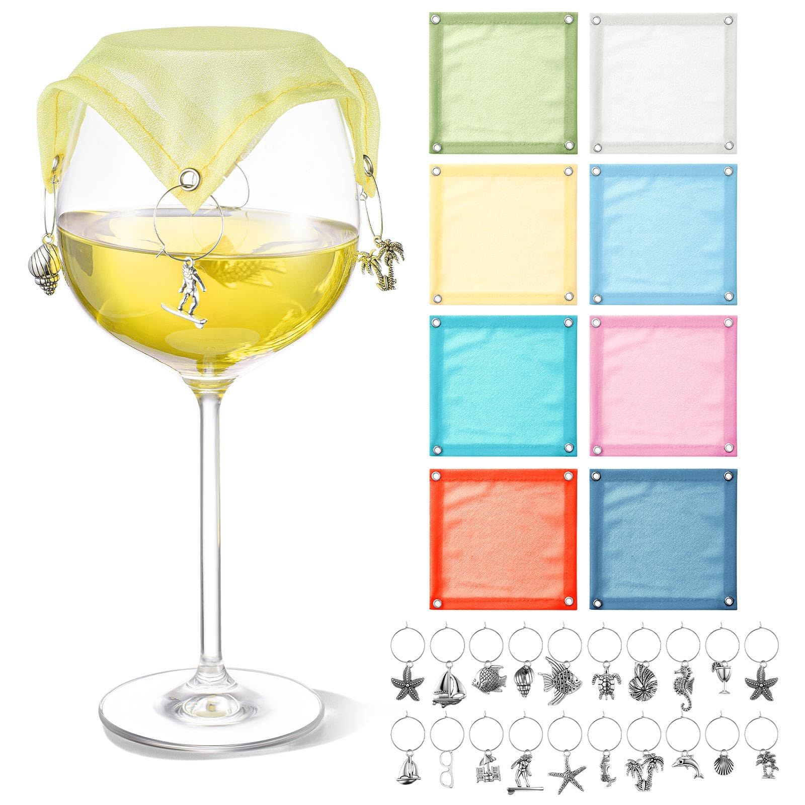 Mumufy 8 Set Wine Glass Covers with Wine Charms, 8 Weighted Breathable Portable Veils Covers to Keep Bugs out 40 Charms Rings for Restaurant Picnic Dinners Housewarming Gifts(Colorful,Ocean)