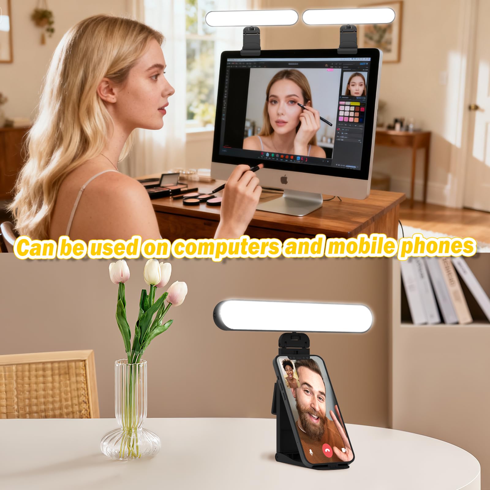 Illuminazione per videoconferenza con due lampade, luce in streaming di 3 colori di luce e 10 luminosità, rotazione a 360° per PC, cellulare, laptop, riunioni di zoom, monitor, webcam