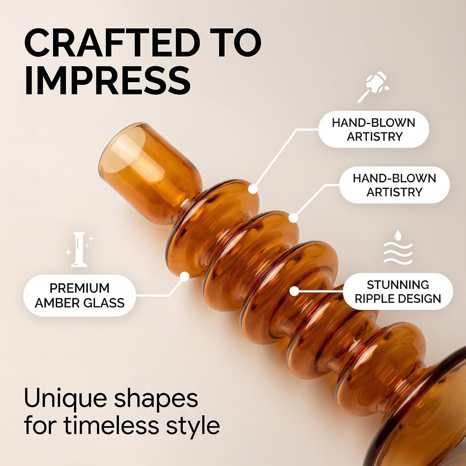 5 Pcs Amber Glass Candle Holders - Groovy Wavy Pillar & Taper Candlesticks for Wedding Christmas Halloween Party Home Windowsill Decor
