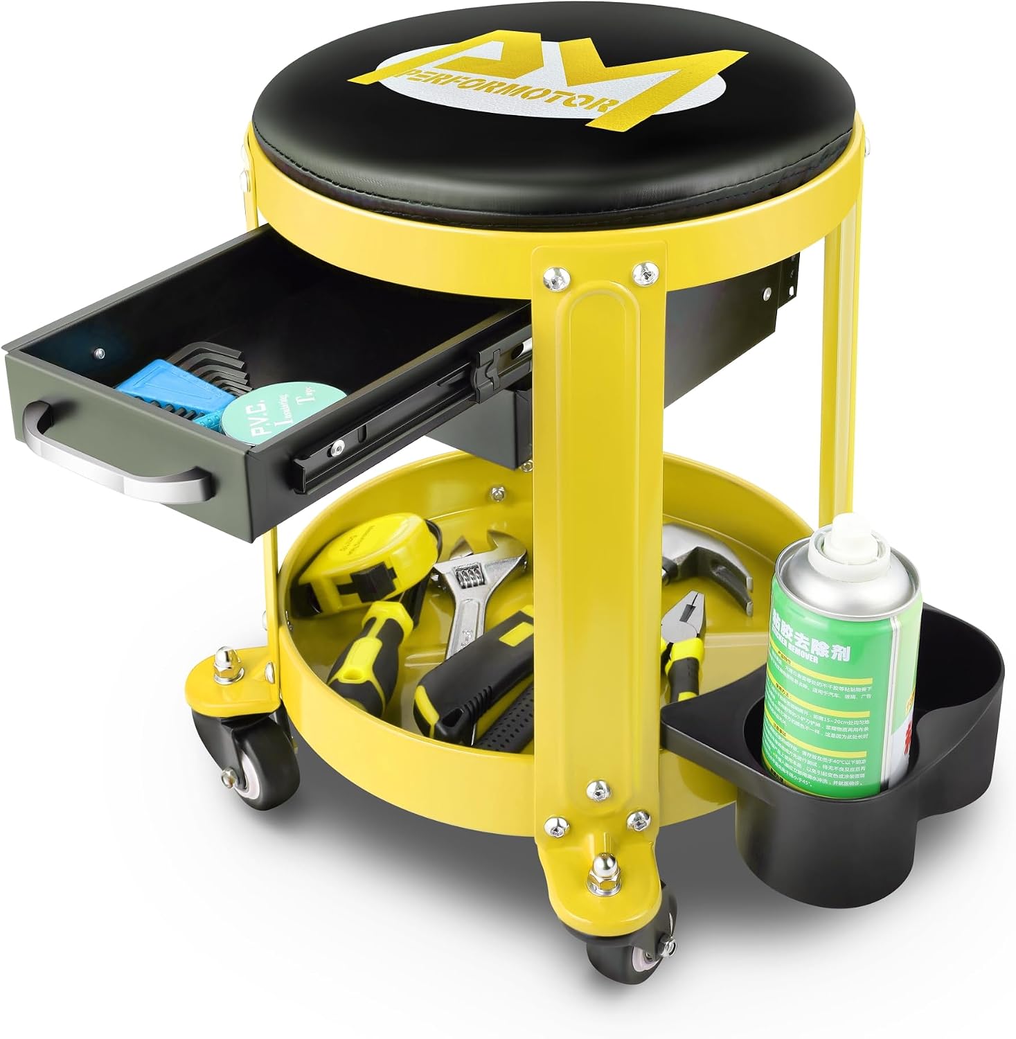 PM PERFORMOTOR Round Mechanics Roller Seat Creeper Stool with Padded Cushion, Tool Storage Drawer & Tray, 300 Lbs Max Weight Capacity, Yellow,PM-TOL-RST2-YL