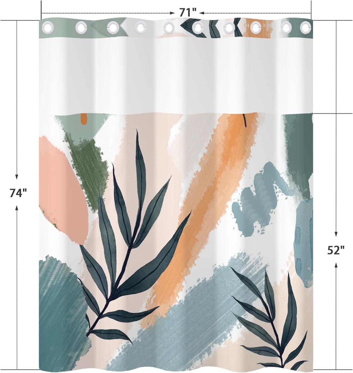 No Hook Abstract Shower Curtain with Snap in Fabric Liner Set - Modern Artistic Double Layers Waterproof Fabric with Mesh Top Window, Boho Leaf Bath Curtain 71x74 Inch