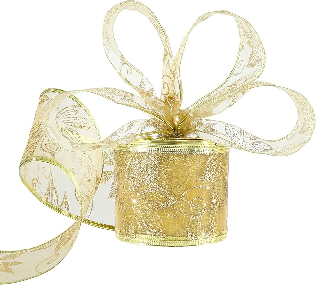 Whaline 20 Yard Christmas Organza Ribbon Glittery Gold Poinsettia Flower Sheer Ribbon Wired Edge Craft Decorative Ribbon Roll Gift Wrapping Ribbon for Xmas Tree Winter Holiday DIY Wreath Bow