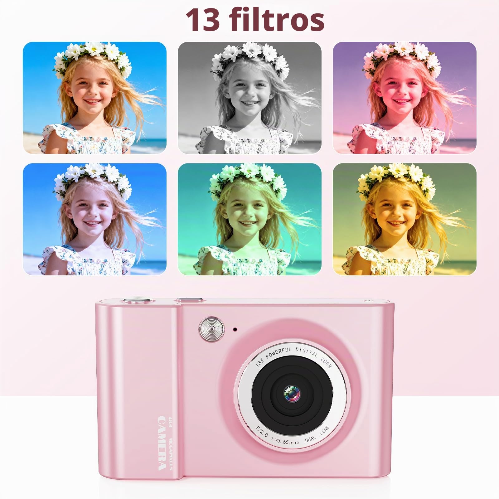 Cámara digital 4K 64MP FHD cámara fotográfica para niños, zoom digital de 18 x cámara compacta con pantalla de 2,4 pulgadas, antivibración, flash LED, tarjeta SD de 32 GB, cámara de fotos para niños