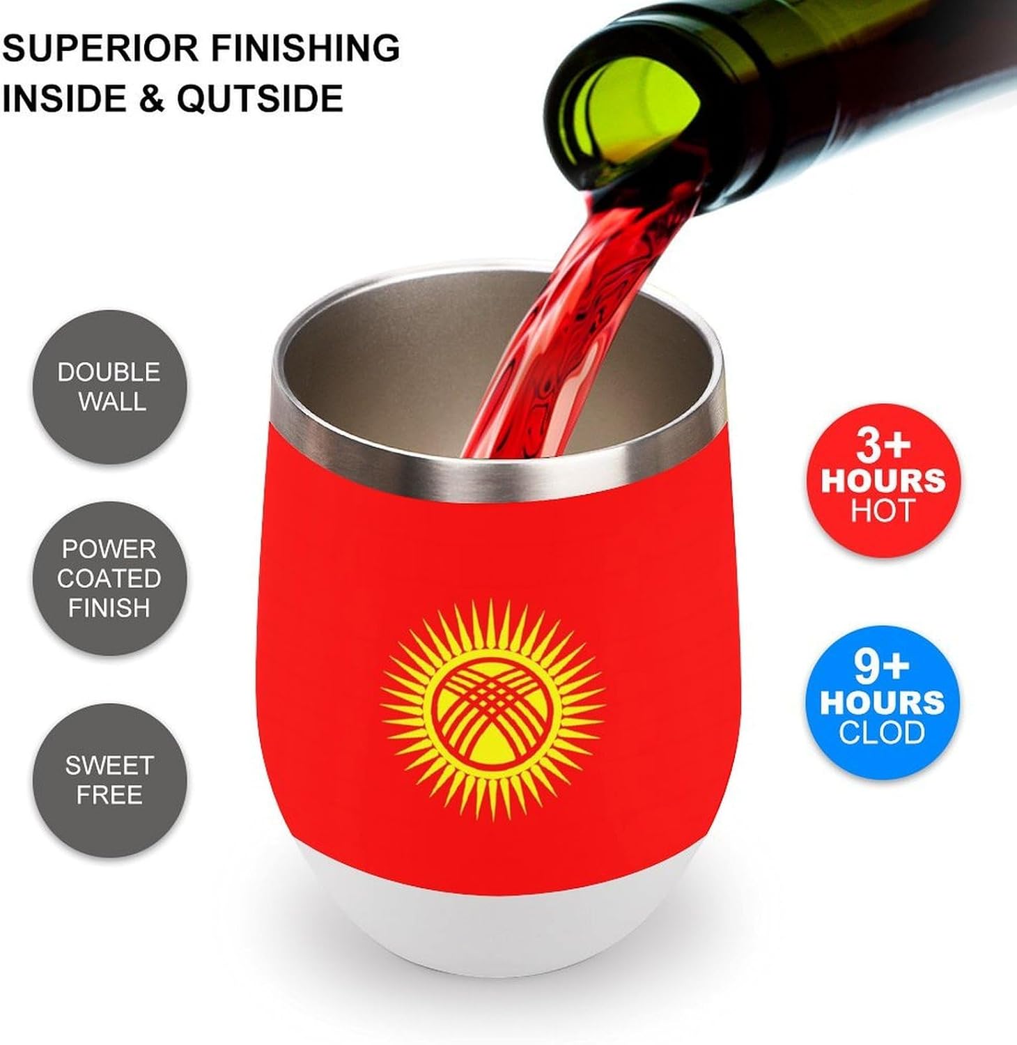 Flag of Kyrgyzstan Insulated Drinking Cup Stainless Steel Coffee Mug Wine Tumbler with Lid 12OZ