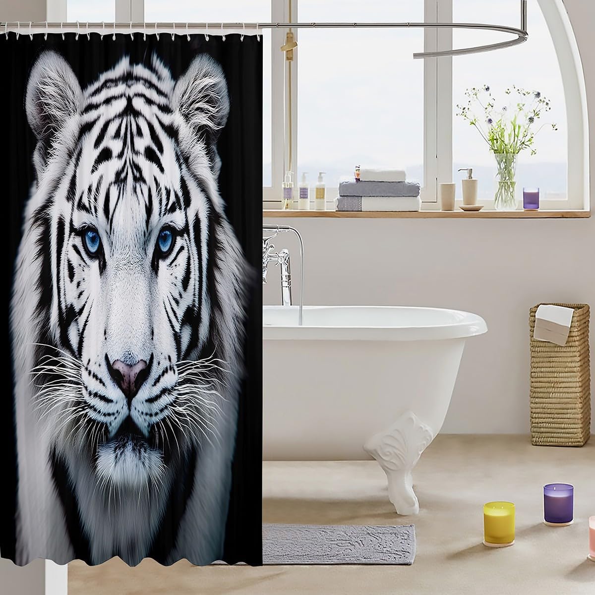 Erosebridal White Tiger Shower Curtain 3D Wild Animal Tiger Bath Curtain for Boys Girls Cool Tiger Bathroom Decor Wildlife Print Waterproof Curtain Western Farmhouse Curtain,72" W x 78" L