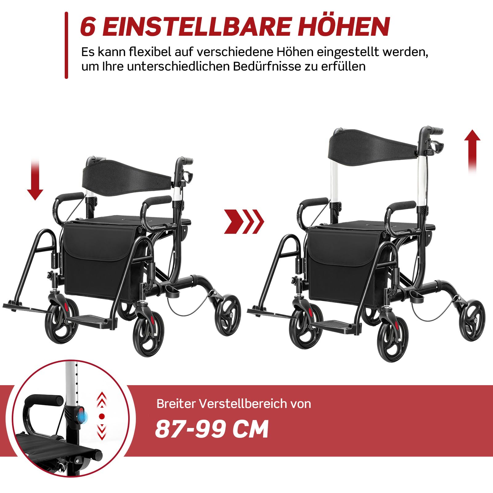 RELAX4LIFE 2-in-1 Rollstuhl Rollator Faltbar und Leicht mit Sitz, Rollatoren 6-fach höhenverstellbar, Leichtgewicht Reiserollator Aluminium, Gehhilfe mit Gummireifen, Tasche, Stockhalter (Schwarz)
