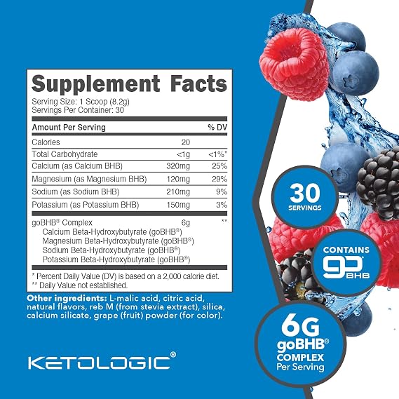 Ketologic Keto BHB (Mixed Berry) 30 Servings, Beta-Hydroxybutyrate Salts