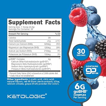 Ketologic Keto BHB (Mixed Berry) 30 Servings, Beta-Hydroxybutyrate Salts