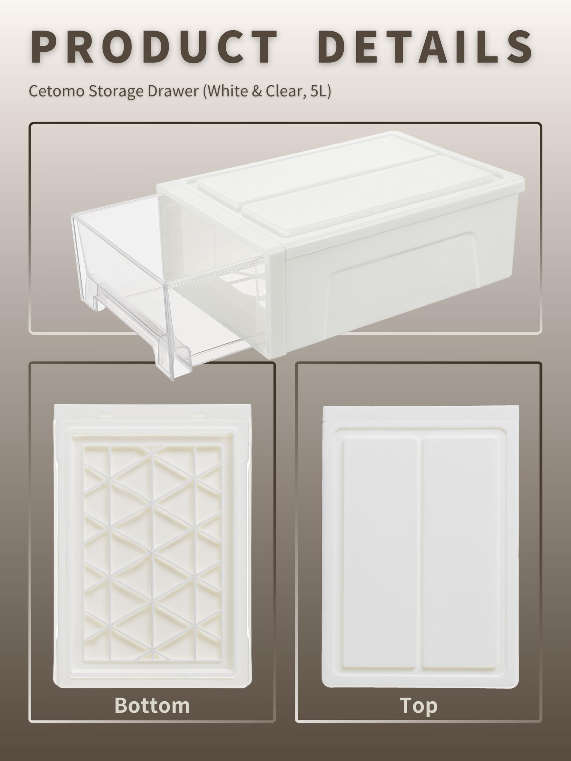 Cetomo Cassettiera Impilabile 5L X 3 | Organizzatore Plastica Bianco/Trasparente Per Casa E Ufficio