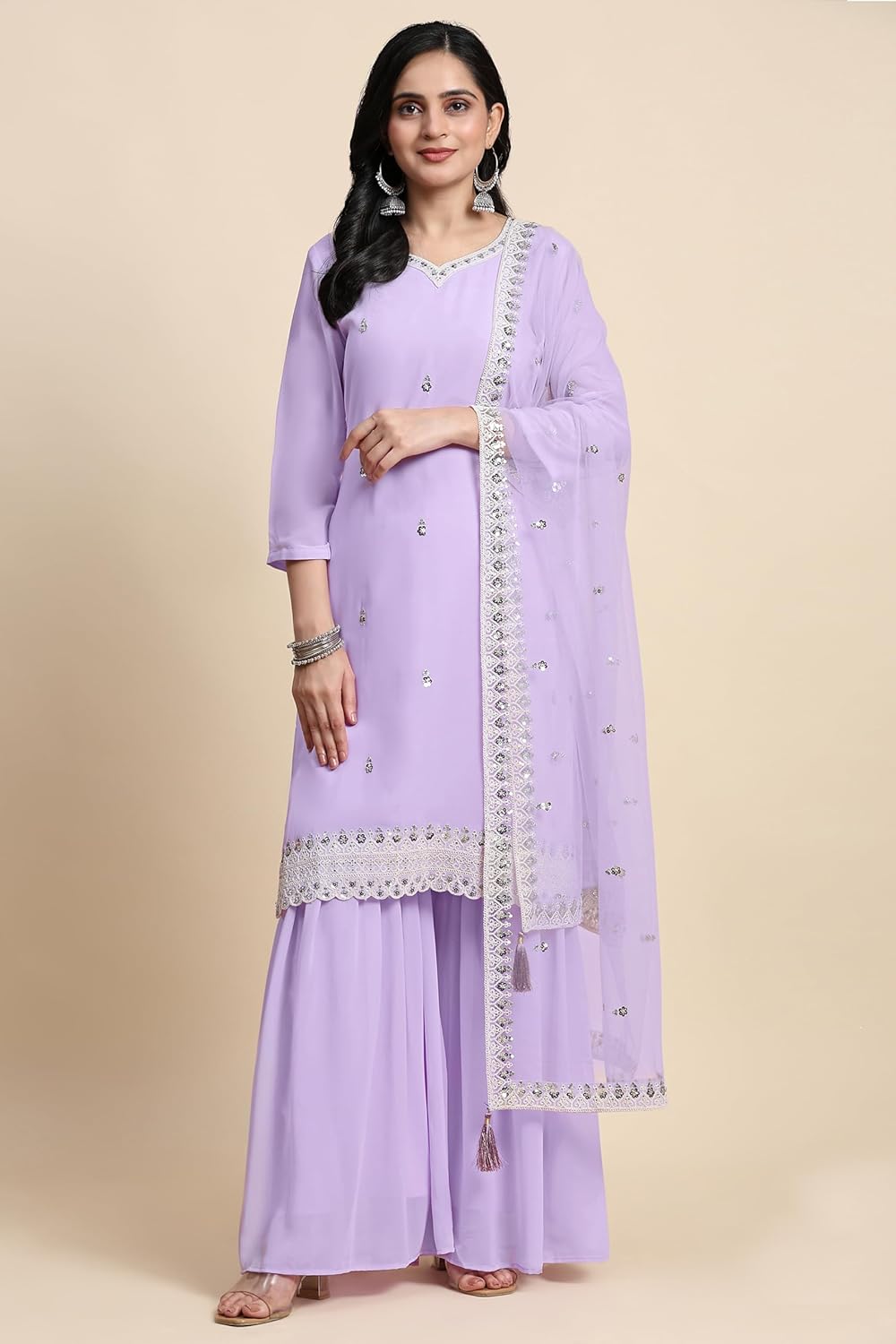 TRENDMALLS Women's Georgette Embroidery Sequence work Kurta Sharara Set with Dupatta Kurta Set for Women