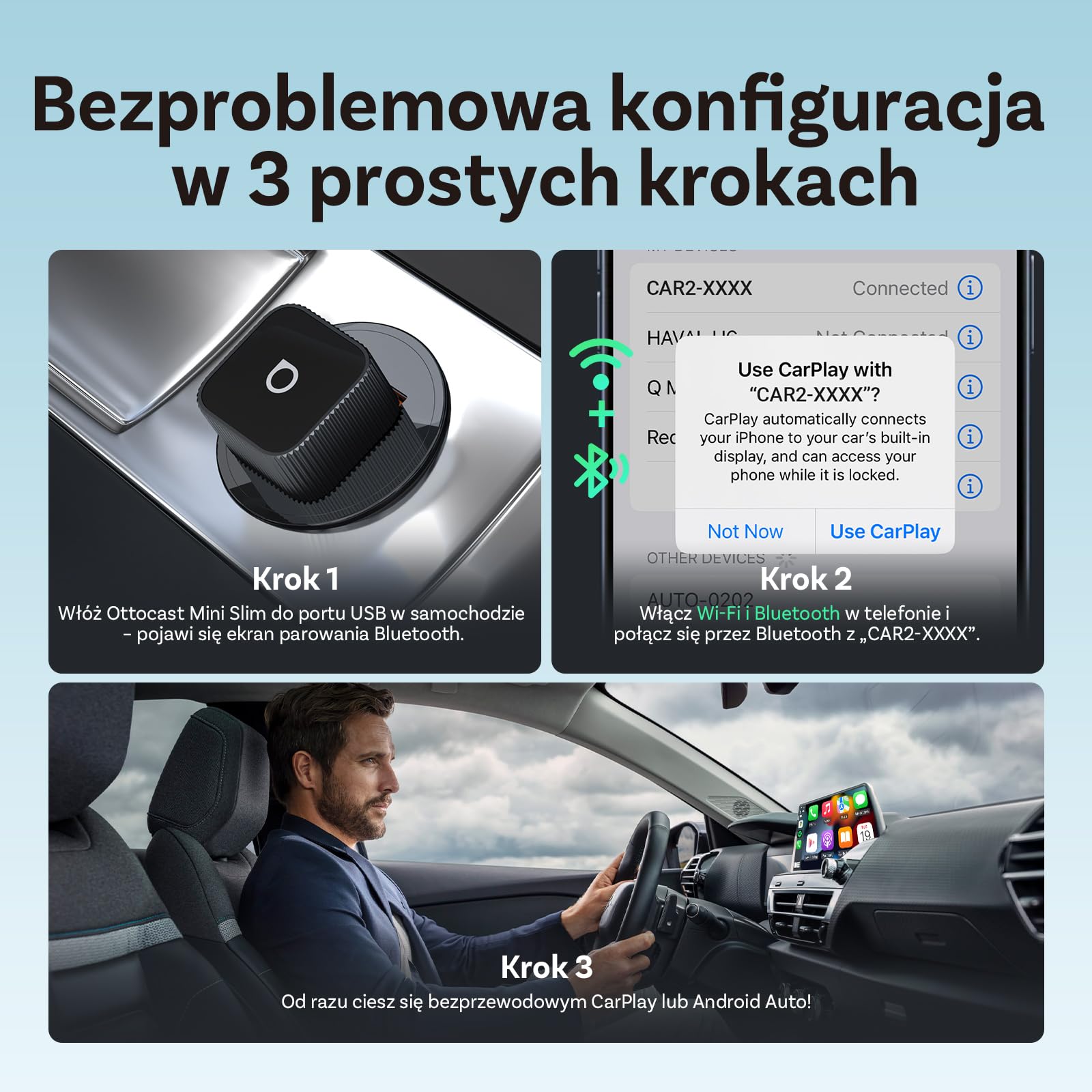 (2026 Ulepszona) OTTOCAST Bezprzewodowy Adapter CarPlay i Android Auto 2 w 1, Ottocast Mini Slim dla iOS 10+ i Android 11+, Wielu Użytkowników, Plug & Play, Szybkie Połączenie
