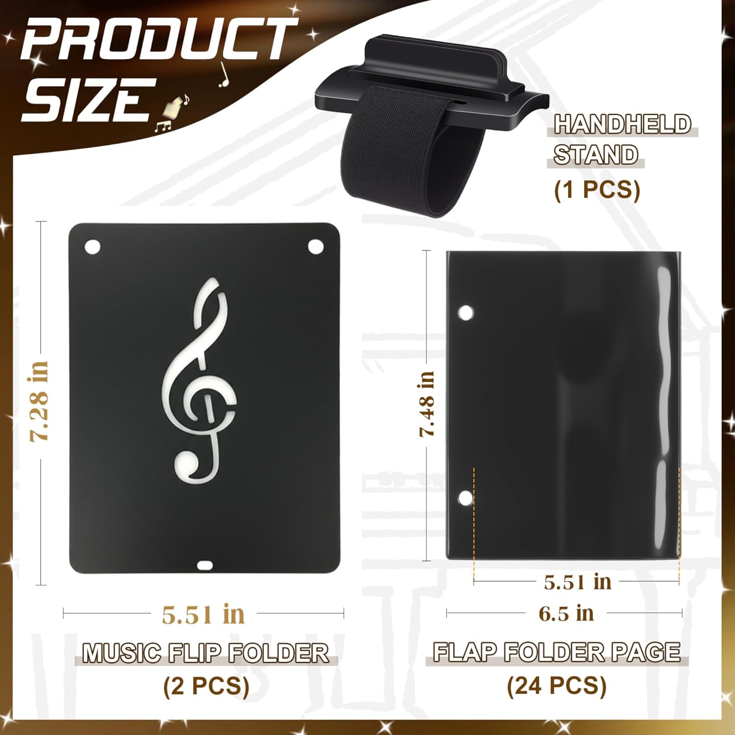 Canlierr 2 Pack Marching Flute Lyre Folder, Adjustable Marching Band Flutist Friend Include 24 Pcs 7.48 x 6.5 Inches Flip Folder Pages for Sheet Music and Flute Piccolo Player(Black)