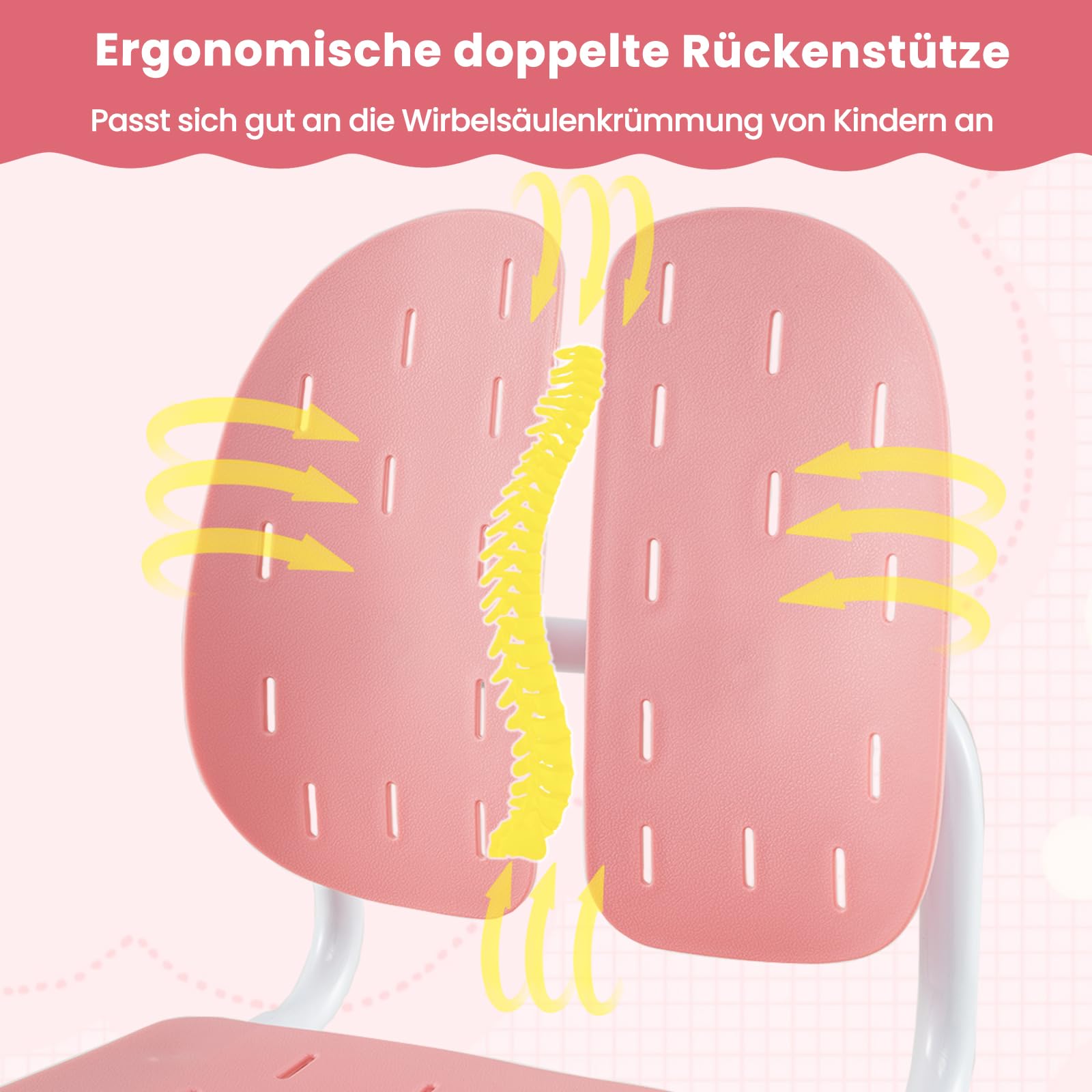 COSTWAY Schreibtischstuhl Kinder, 29,5-37,5cm höhenverstellbar, Kinderschreibtischstuhl mit doppelter Rückenlehne, armloser Bürostuhl ohne Rollen, Kinderstuhl für Jungen & Mädchen ab 3 Jahren (Rosa)