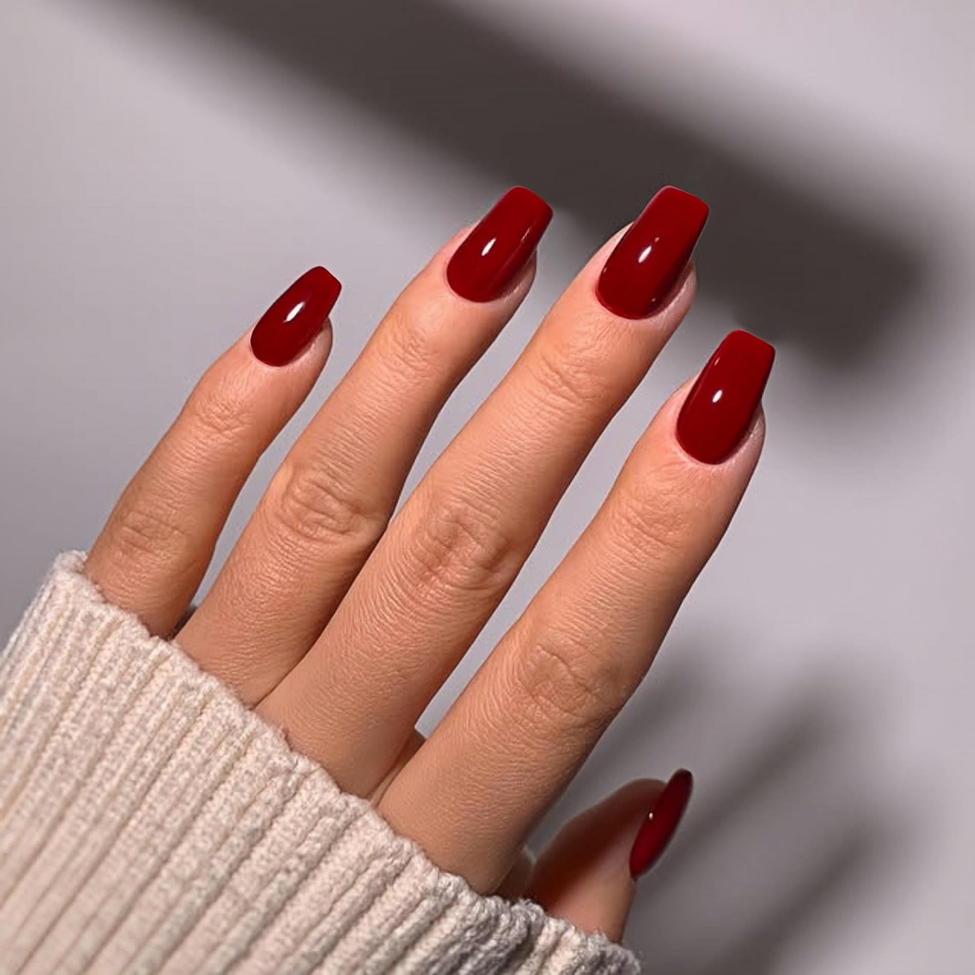 KQueenest Acrylic Press on Nails Short Medium Square, Red False Nails Short Coffin, Glossy Natural Solid Color Fake Nails Set