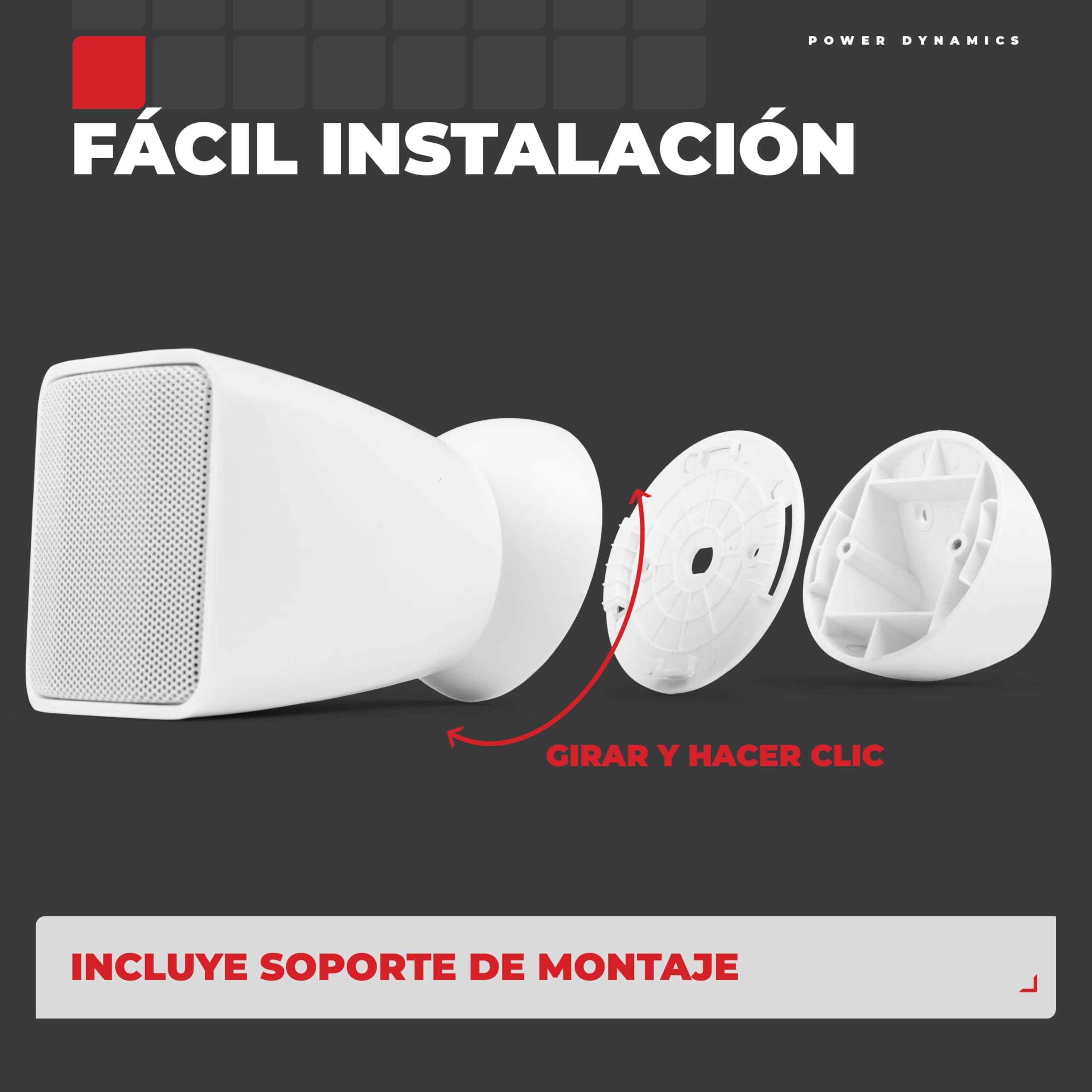 Power Dynamics BSX30W + PRM120 + RX22 – Sistema Sonido 100V con 16 Altavoces Pared Blancos 2.5" 30W, Amplificador 120W Bluetooth MP3 y Cable 100m para megafonía e Hilo Musical, Color Blanco