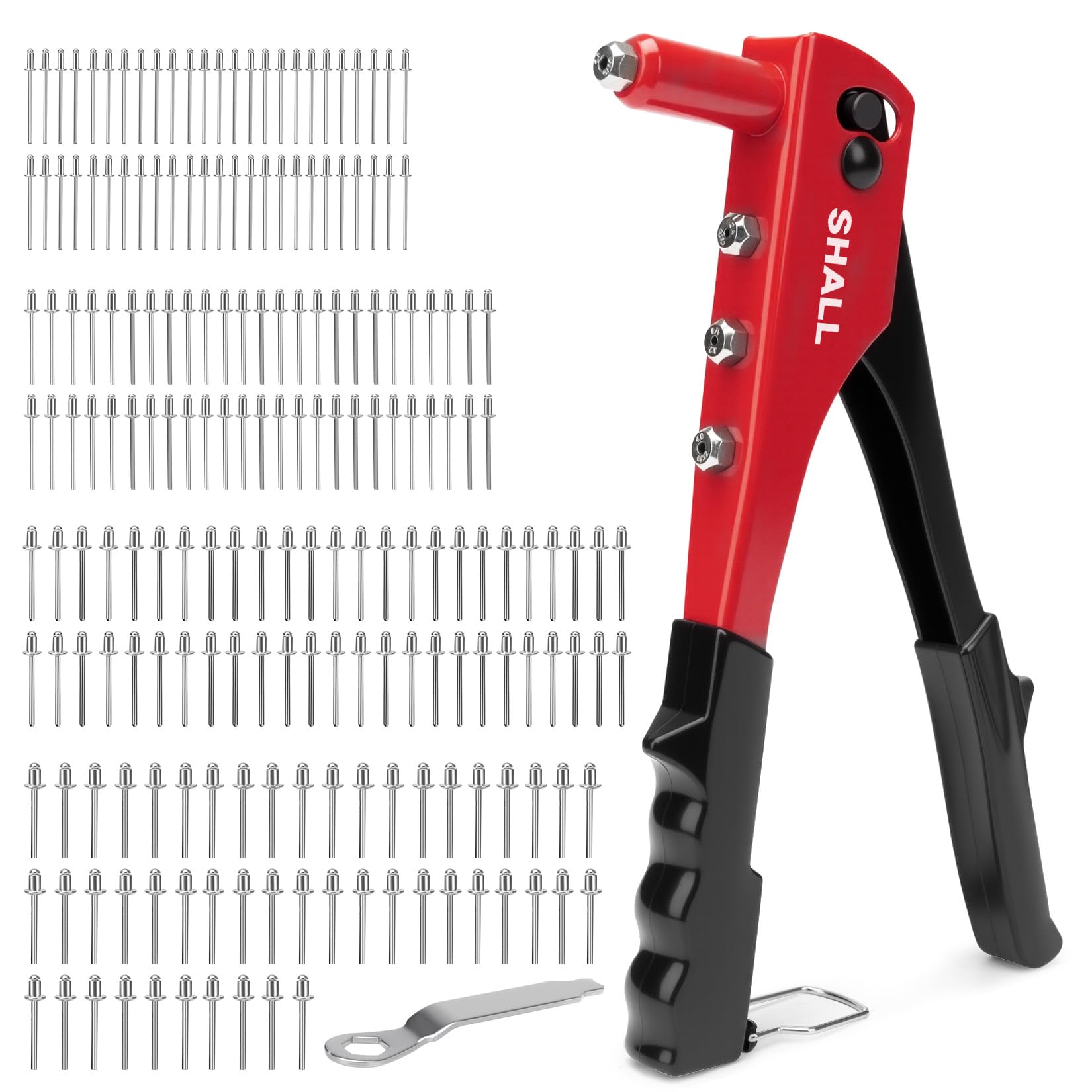 SHALL Juego de remachadoras 4 en 1,remachadora manual de alta resistencia con 200 remaches,4 tamaños(2,4 mm, 3,2 mm, 4,0 mm, 4,8 mm),para automoción,cuero, plástico, muebles y metal.