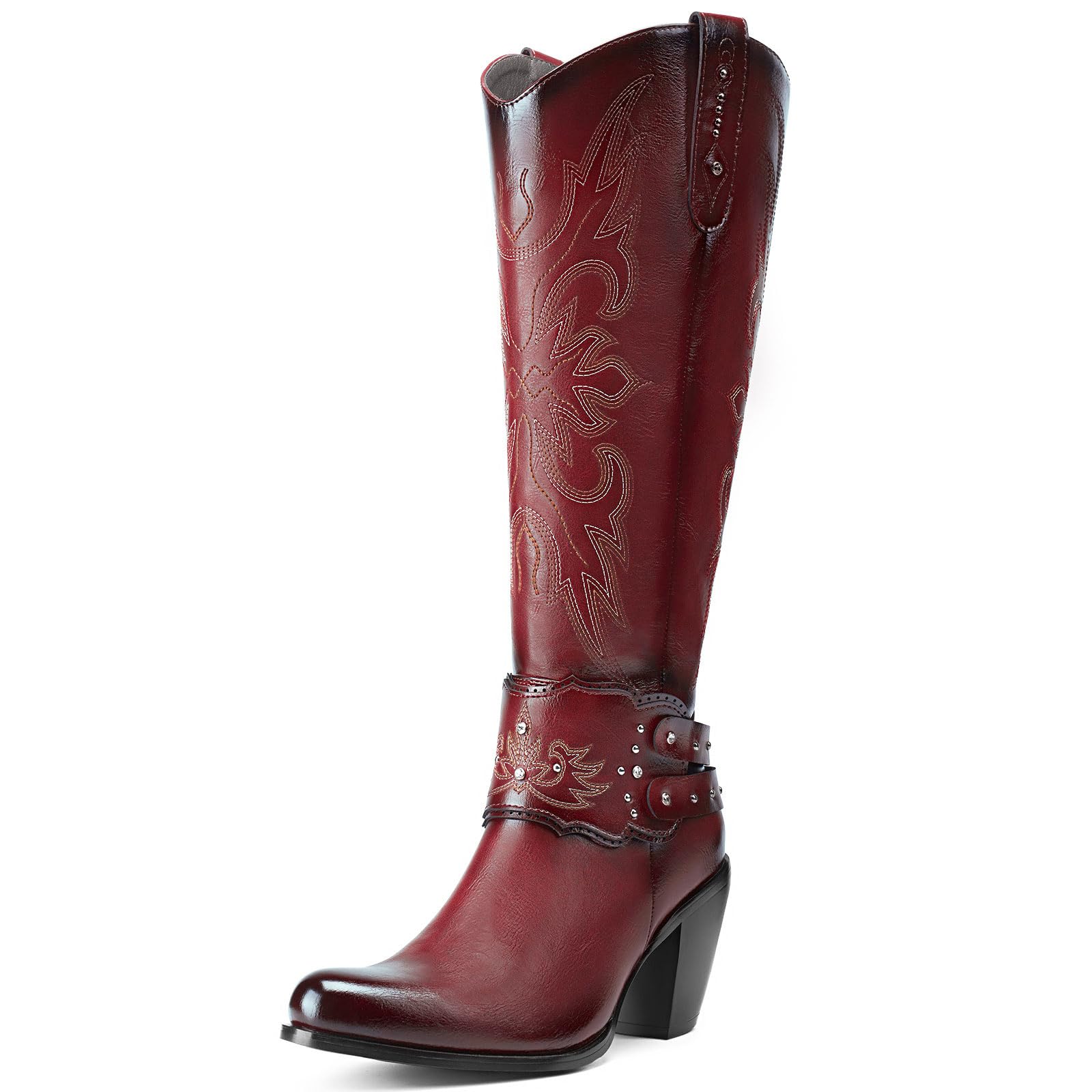 Rollda Cowboy Boots for Women, Cowgirl Boots Knee High, Ladies Tall Western Boots Rounded Toe Chunky Heel Pull on Zipper for Country Concert Party