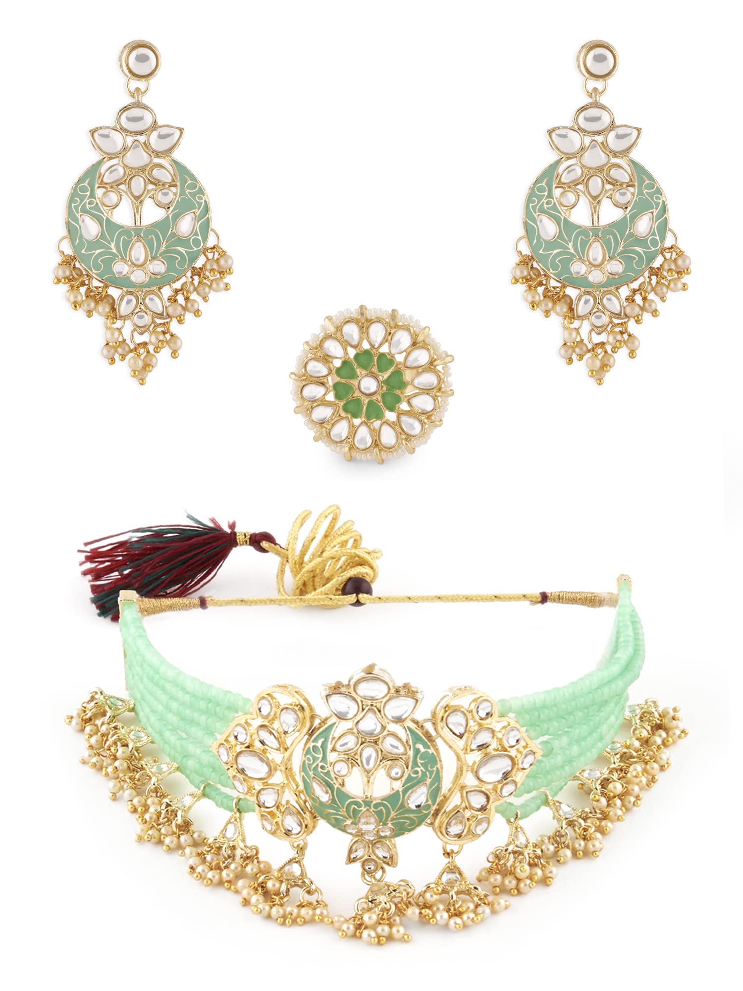 ZAVERI PEARLS Green Meenakari Multistrand Crystals Beaded Choker Necklace Earring & Ring Set For Women-ZPFK13648 (B0B1HQWBZM) Amazon Price History, Amazon Price Tracker