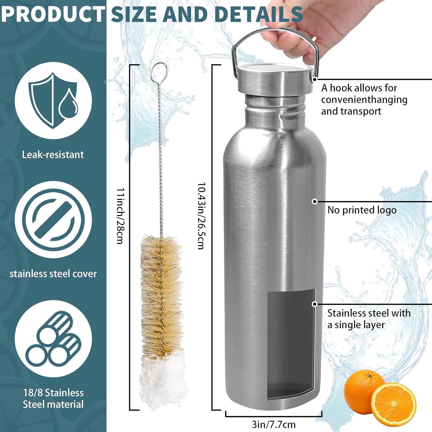 6 Pack Uninsulated Single Walled Sports Water Bottle with Cleaning Brush 304 18/8 Stainless Steel Camping Water Bottle for Cyclists Runners Hikers (34 oz)