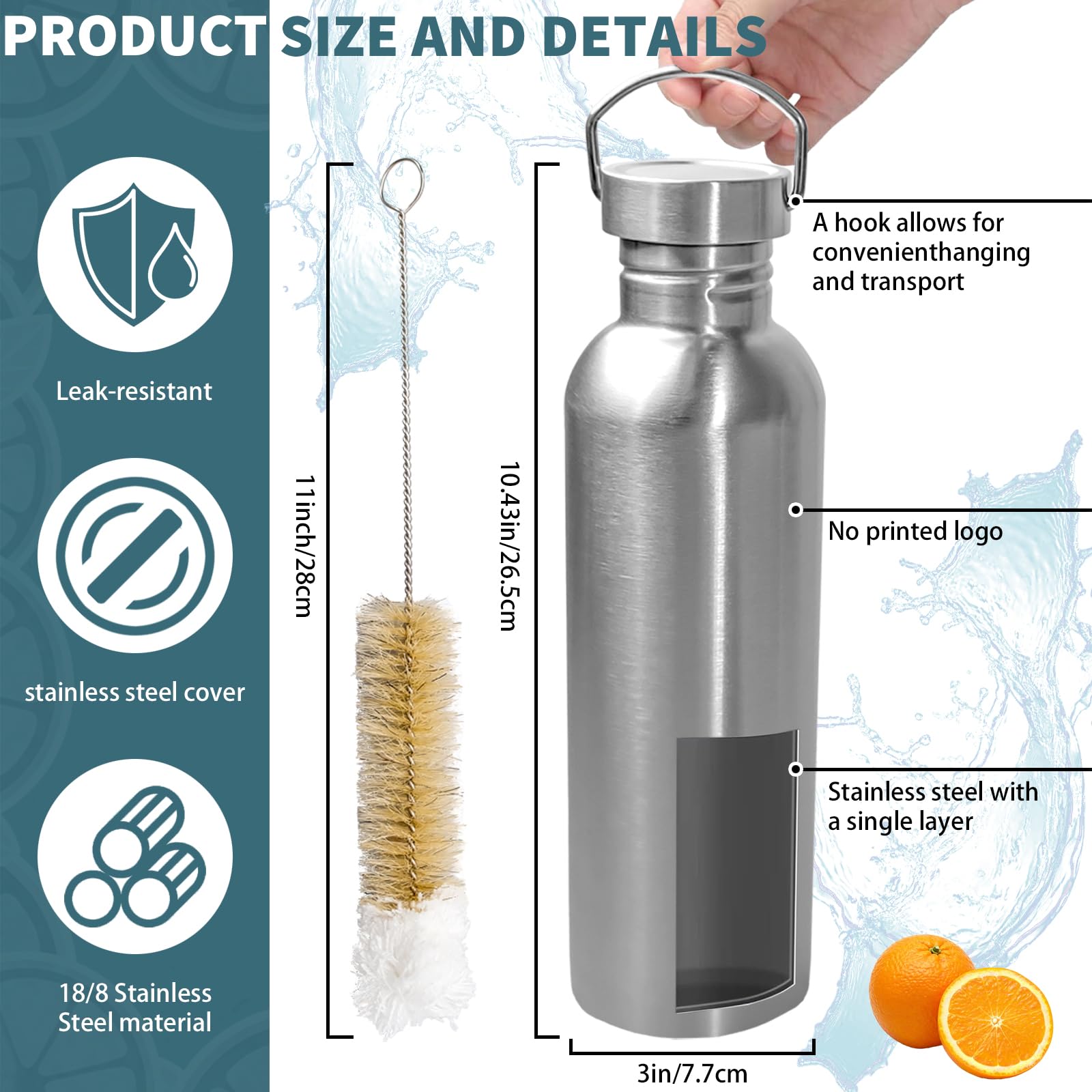 6 Stück unisolierte einwandige Sport-Wasserflasche mit Reinigungsbürste, 304 18/8 Edelstahl, Camping-Wasserflasche für Radfahrer, Läufer, Wanderer, 100 ml
