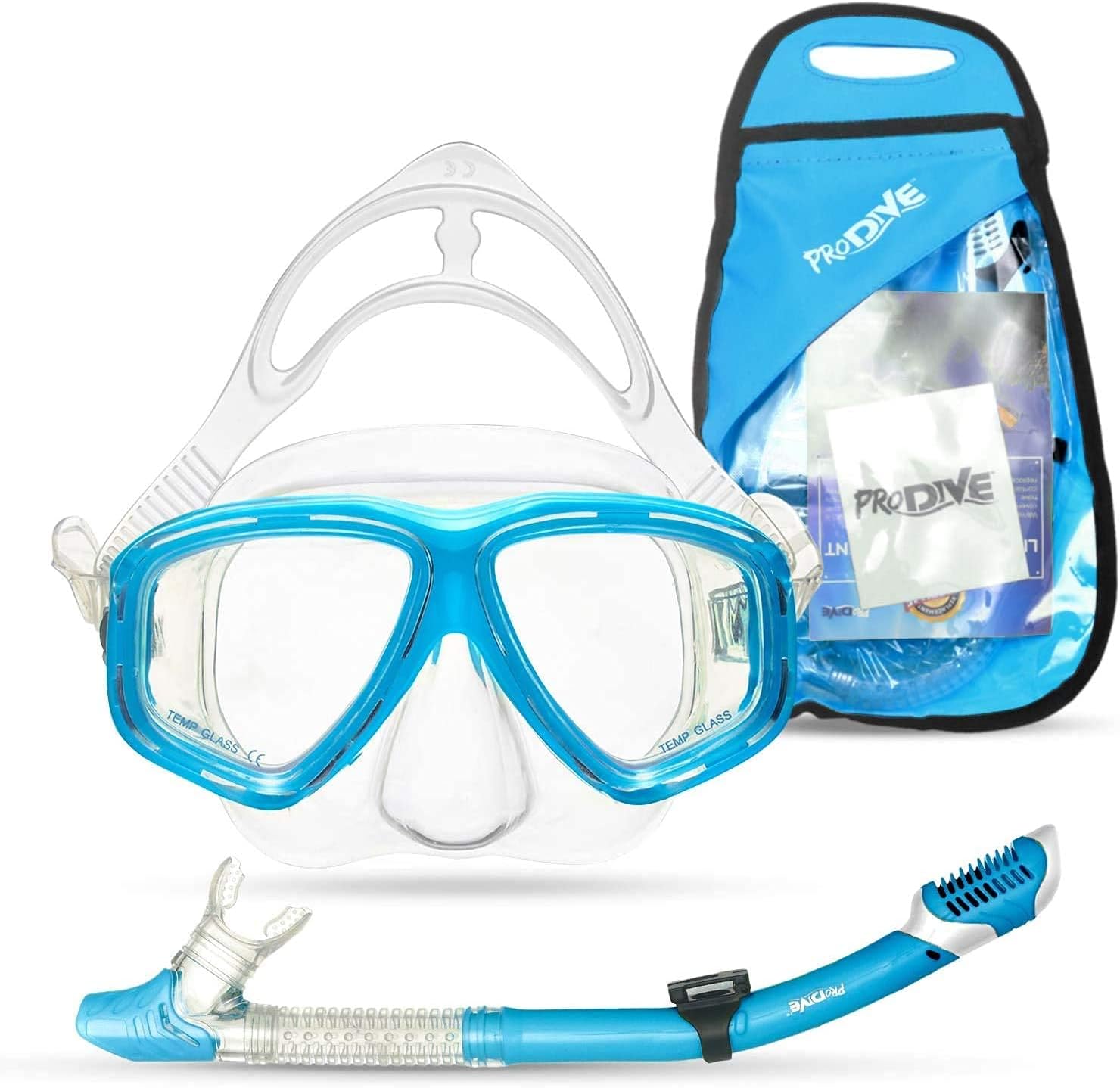 PRODIVE Premium Dry Top Snorkel Set - Impact Resistant Tempered Glass Diving Mask,Watertight and Anti-Fog Lens for Best Vision, Easy Adjustable Strap, Waterproof Gear Bag Included : Sports & Outdoors